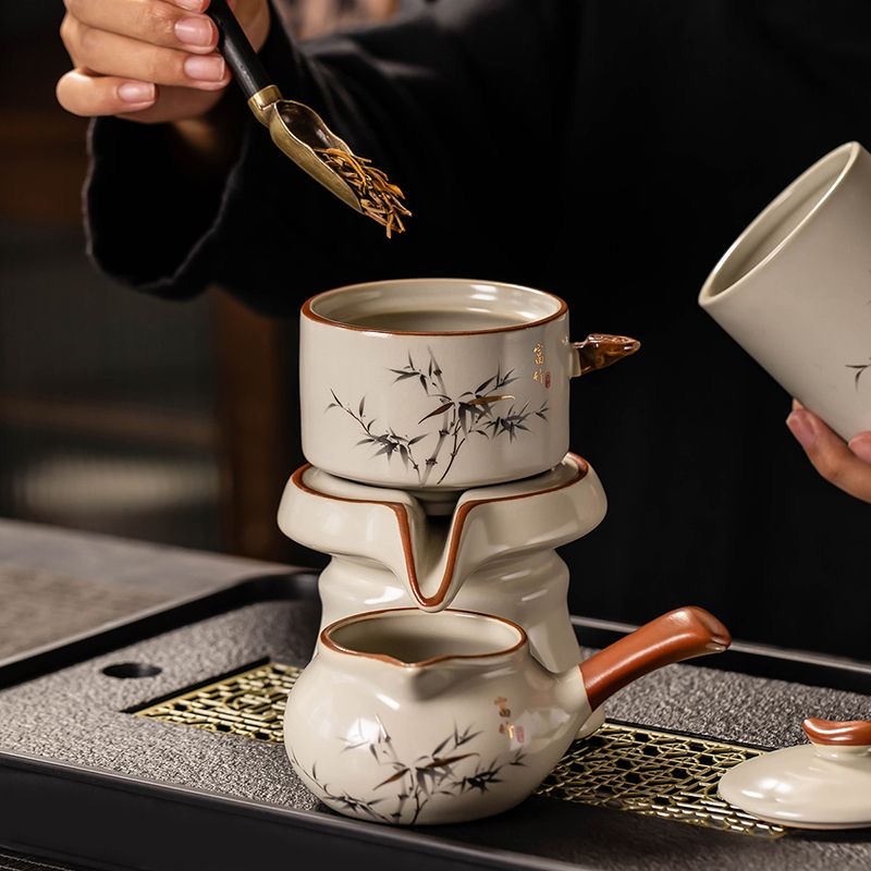 高檔汝窯功夫茶具套裝家用陶瓷開片富竹蓋碗茶茶杯整套客廳茶道
