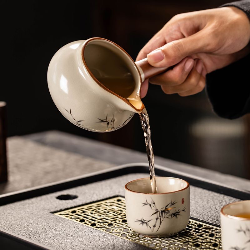高檔汝窯功夫茶具套裝家用陶瓷開片富竹蓋碗茶茶杯整套客廳茶道
