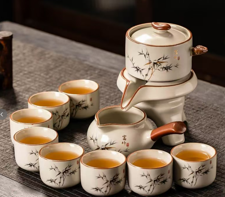 高檔汝窯功夫茶具套裝家用陶瓷開片富竹蓋碗茶茶杯整套客廳茶道