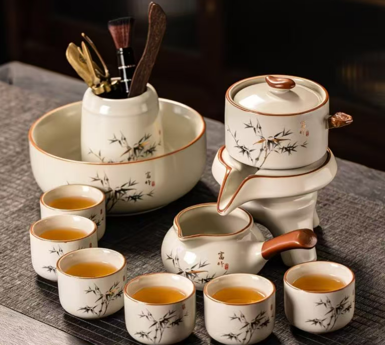 高檔汝窯功夫茶具套裝家用陶瓷開片富竹蓋碗茶茶杯整套客廳茶道