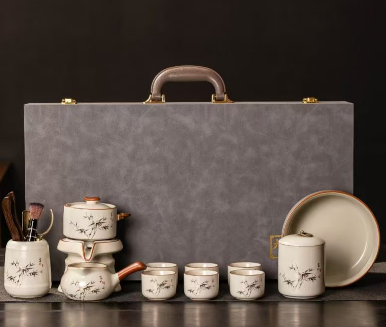 高檔汝窯功夫茶具套裝家用陶瓷開片富竹蓋碗茶茶杯整套客廳茶道