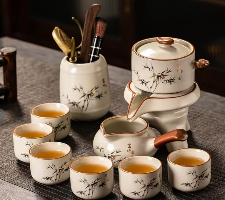 高檔汝窯功夫茶具套裝家用陶瓷開片富竹蓋碗茶茶杯整套客廳茶道
