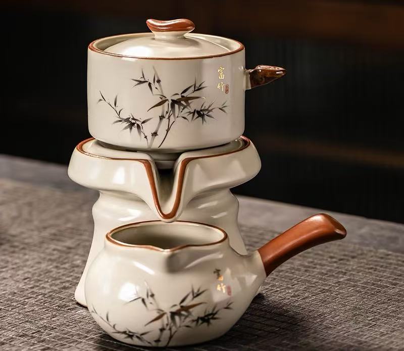 高檔汝窯功夫茶具套裝家用陶瓷開片富竹蓋碗茶茶杯整套客廳茶道