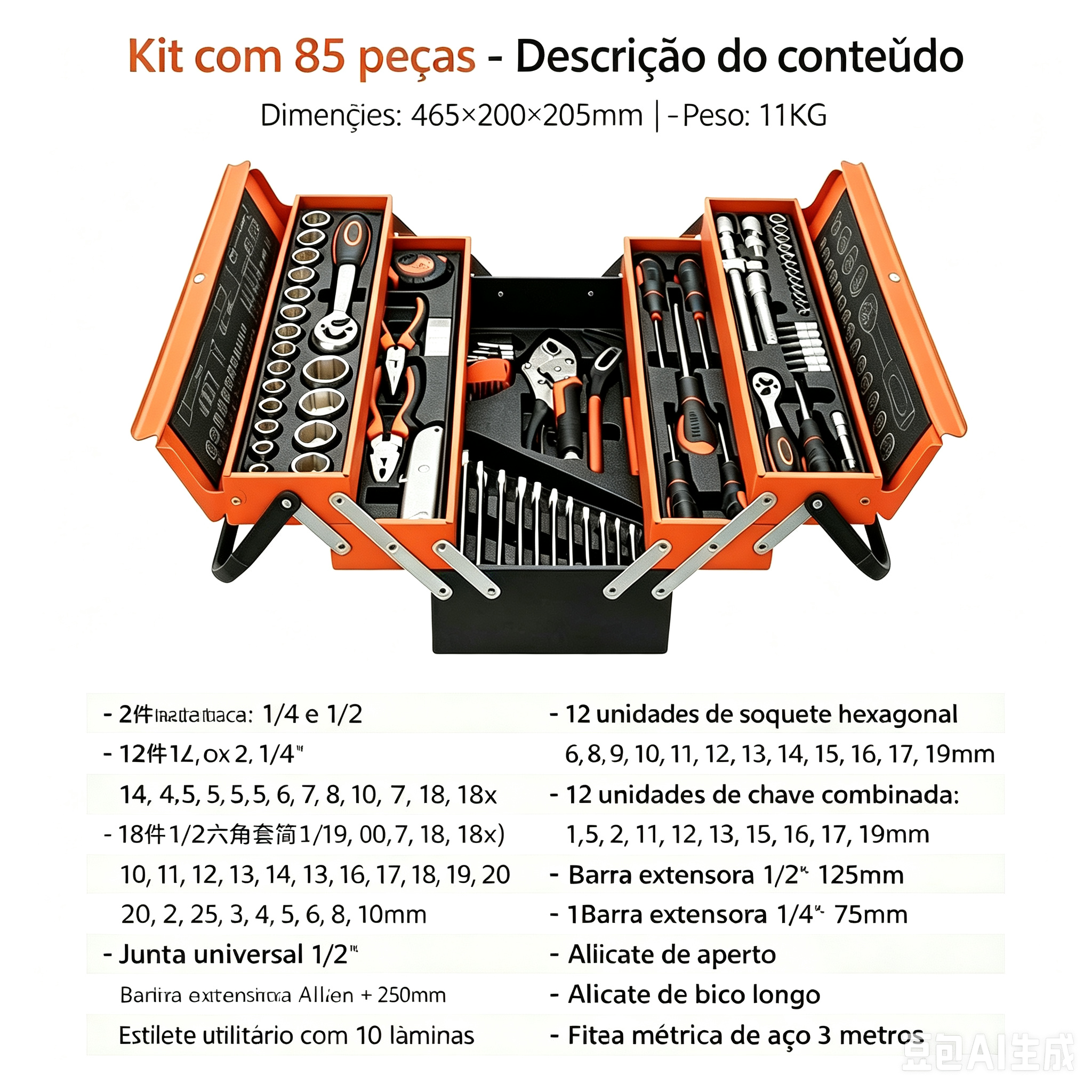 三层可折叠铁工具箱组合套装85件机修套装