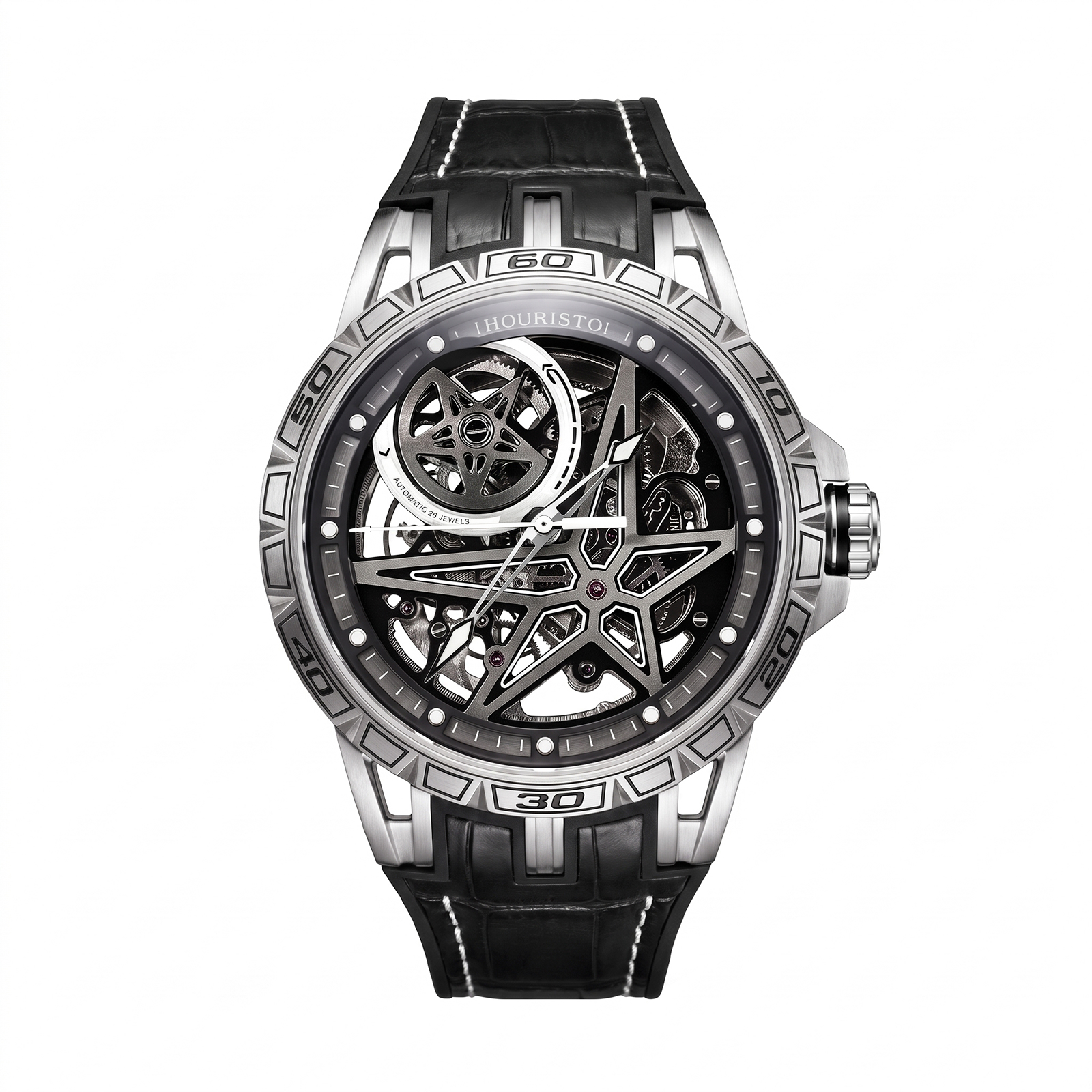 Houristo Men's Skeleton Automatic Watch – Stainless Steel Racing-Inspired Luxury Watch with Black Leather Strap