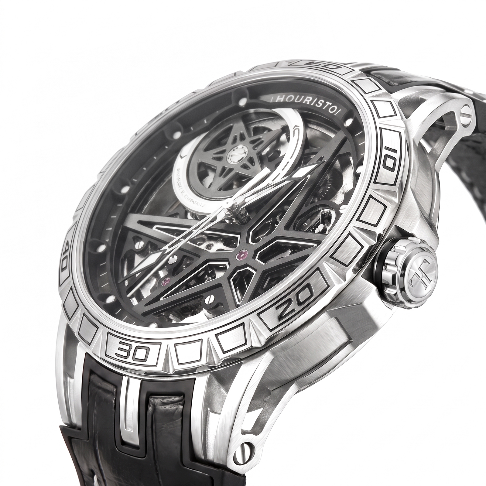 Houristo Men's Skeleton Automatic Watch – Stainless Steel Racing-Inspired Luxury Watch with Black Leather Strap