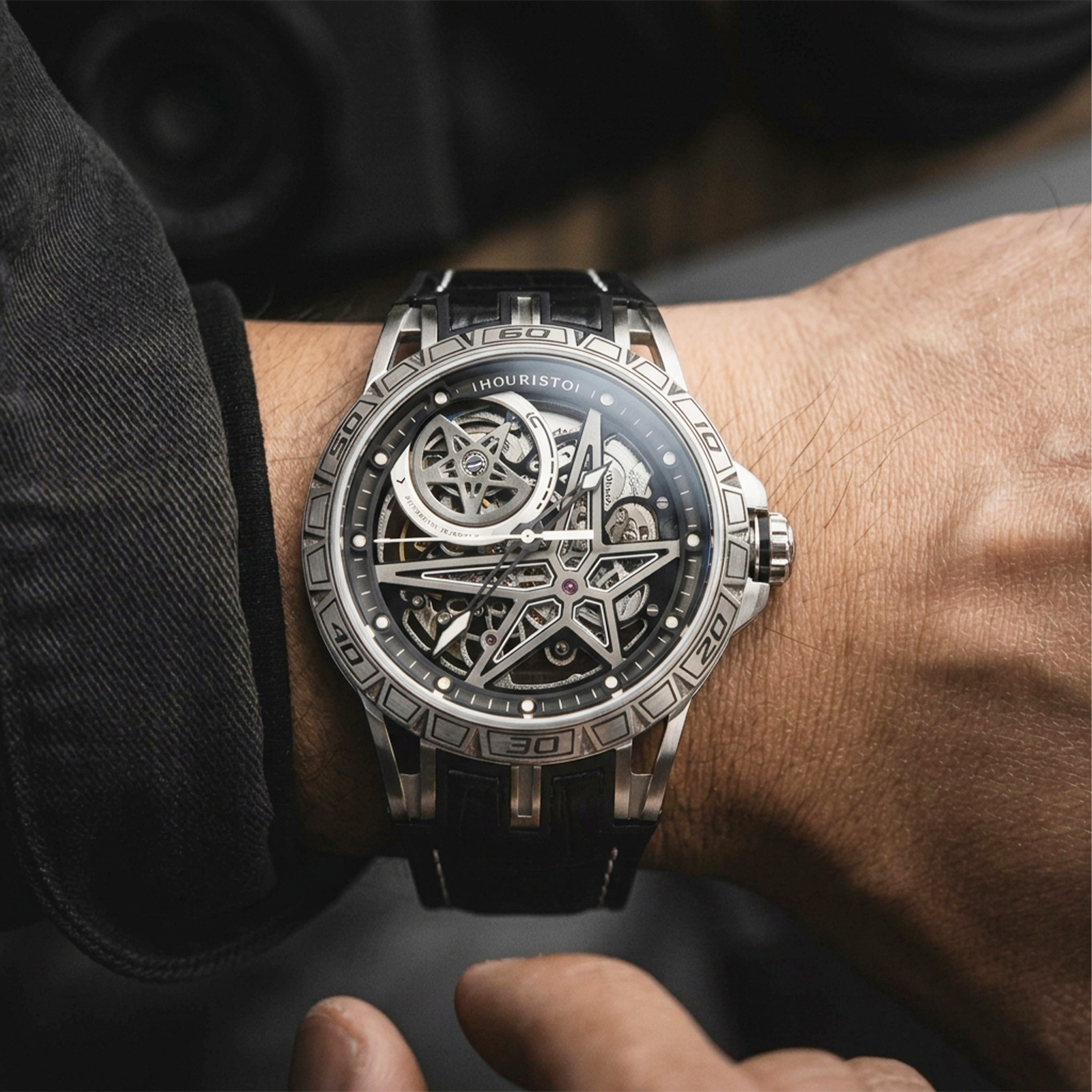 Houristo Men's Skeleton Automatic Watch – Stainless Steel Racing-Inspired Luxury Watch with Black Leather Strap
