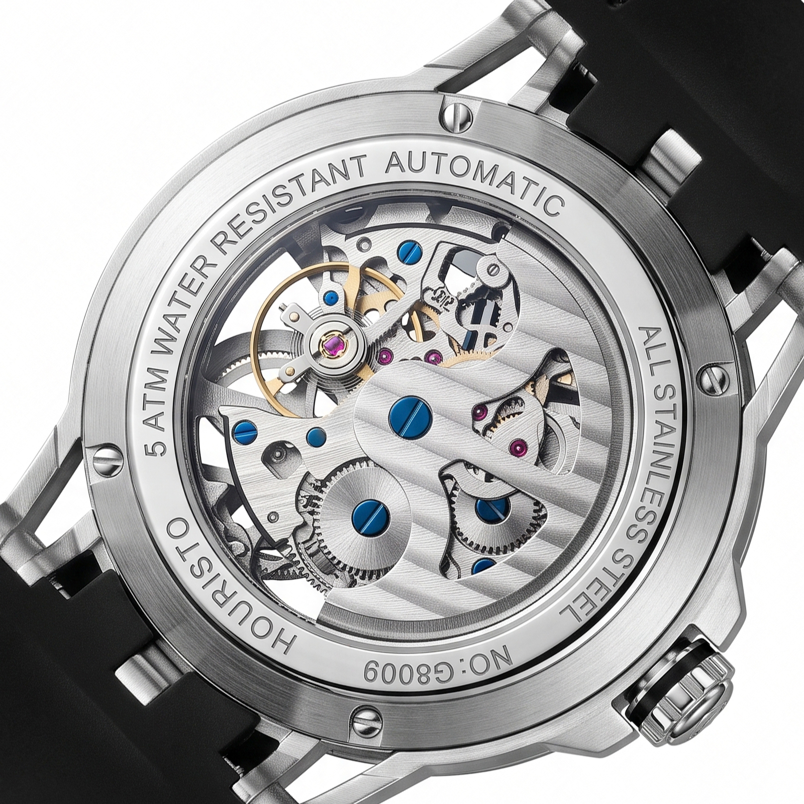 Houristo Men's Skeleton Automatic Watch – Stainless Steel Racing-Inspired Luxury Watch with Black Leather Strap