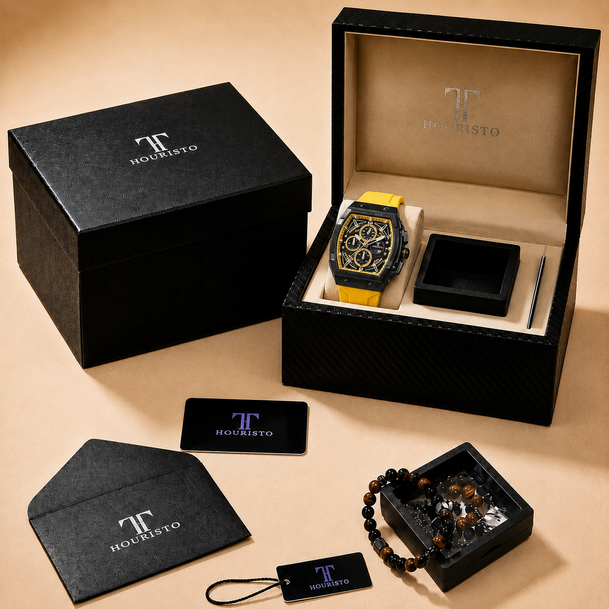 Houristo Skeleton Automatic Watch – Black & Yellow Multi-Function Chronograph with Moon Phase, Silicone Strap