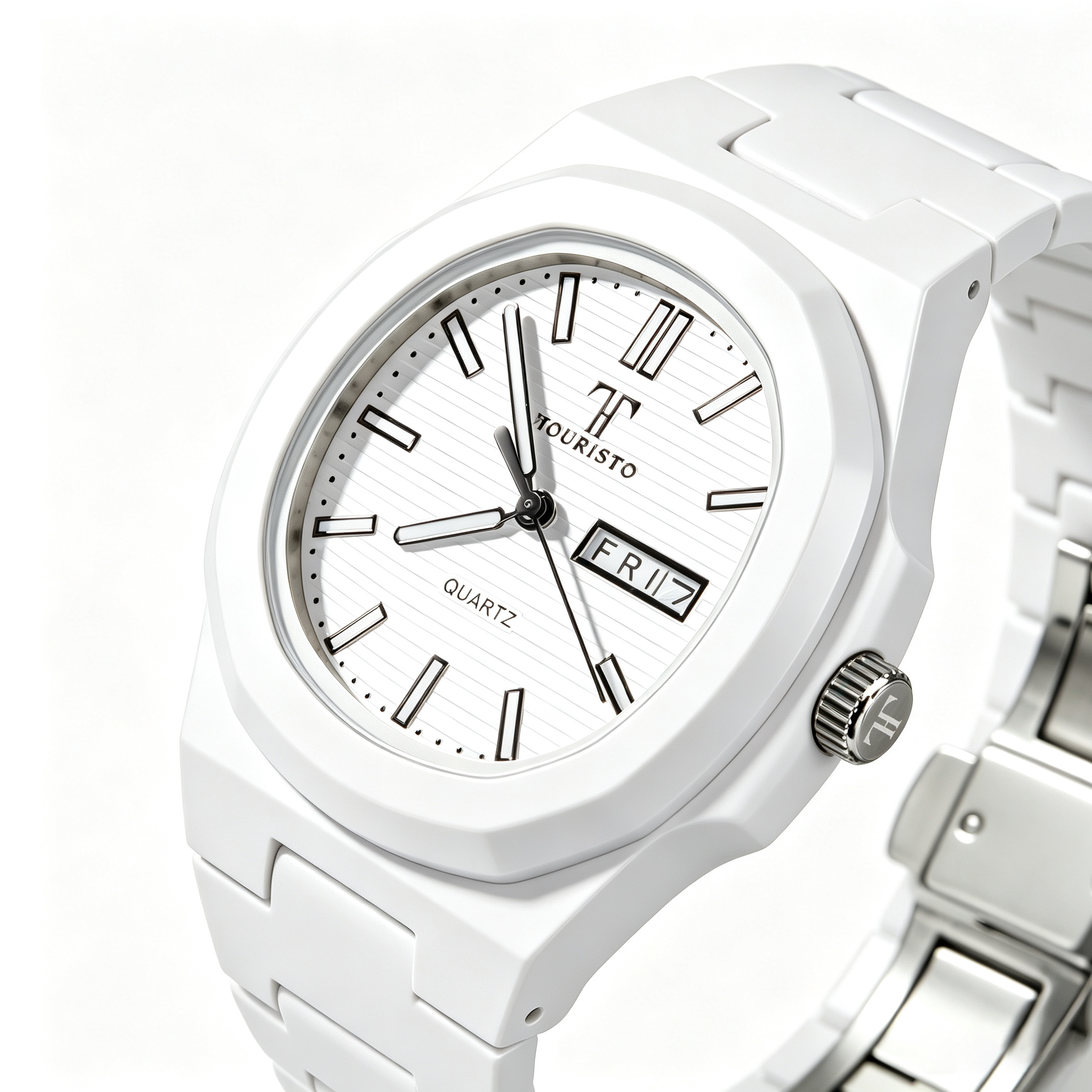 Touristo All-White Integrated Bracelet Watch – Octagonal Case Quartz Watch with Day-Date Window