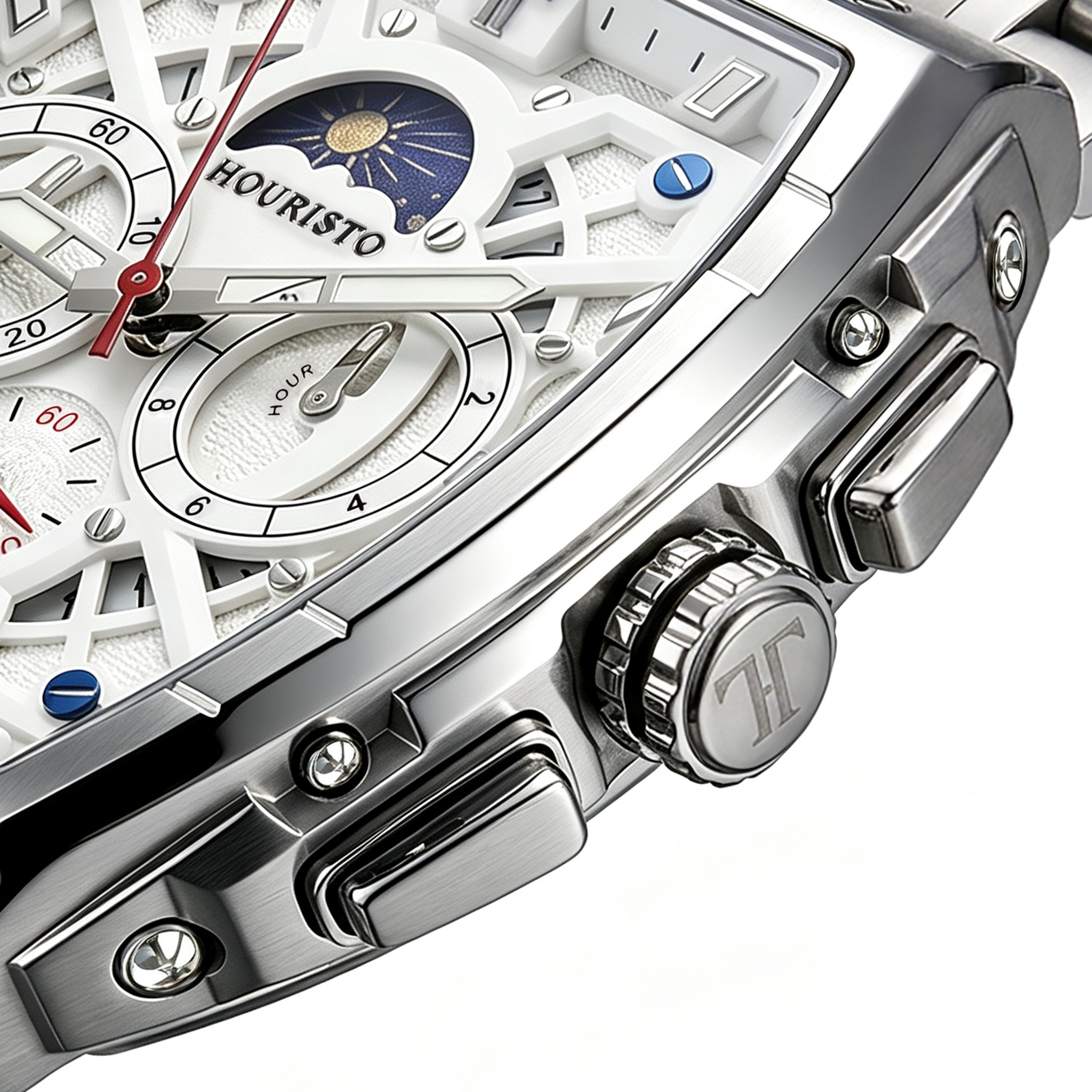 HOURISTO Men’s Tonneau Quartz Chronograph Watch – Luxury Hollow Skeleton Sun & Moon Phase Stainless Steel Watch (Silver White)