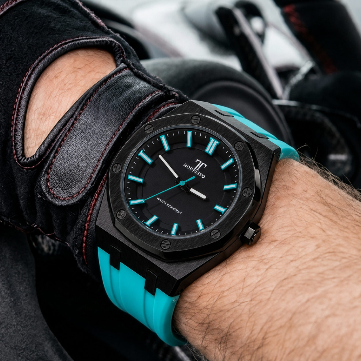 HOURISTO Eye-catching Quartz Watch - Black Octagonal Bezel Turquoise Strap Waterproof Daily