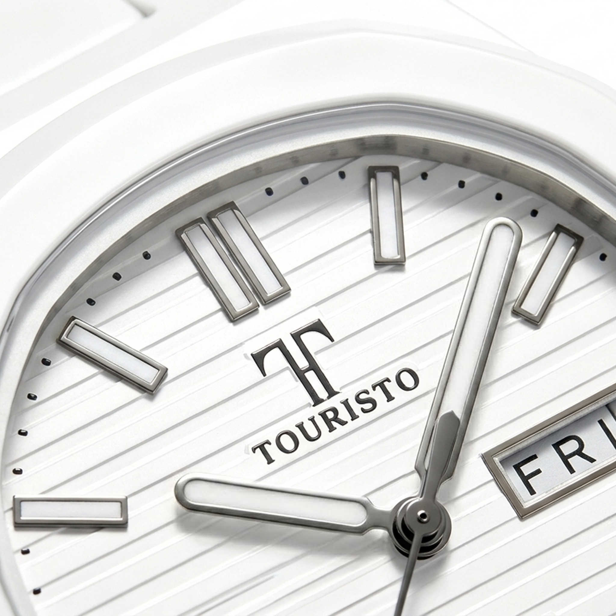 Touristo All-White Integrated Bracelet Watch – Octagonal Case Quartz Watch with Day-Date Window