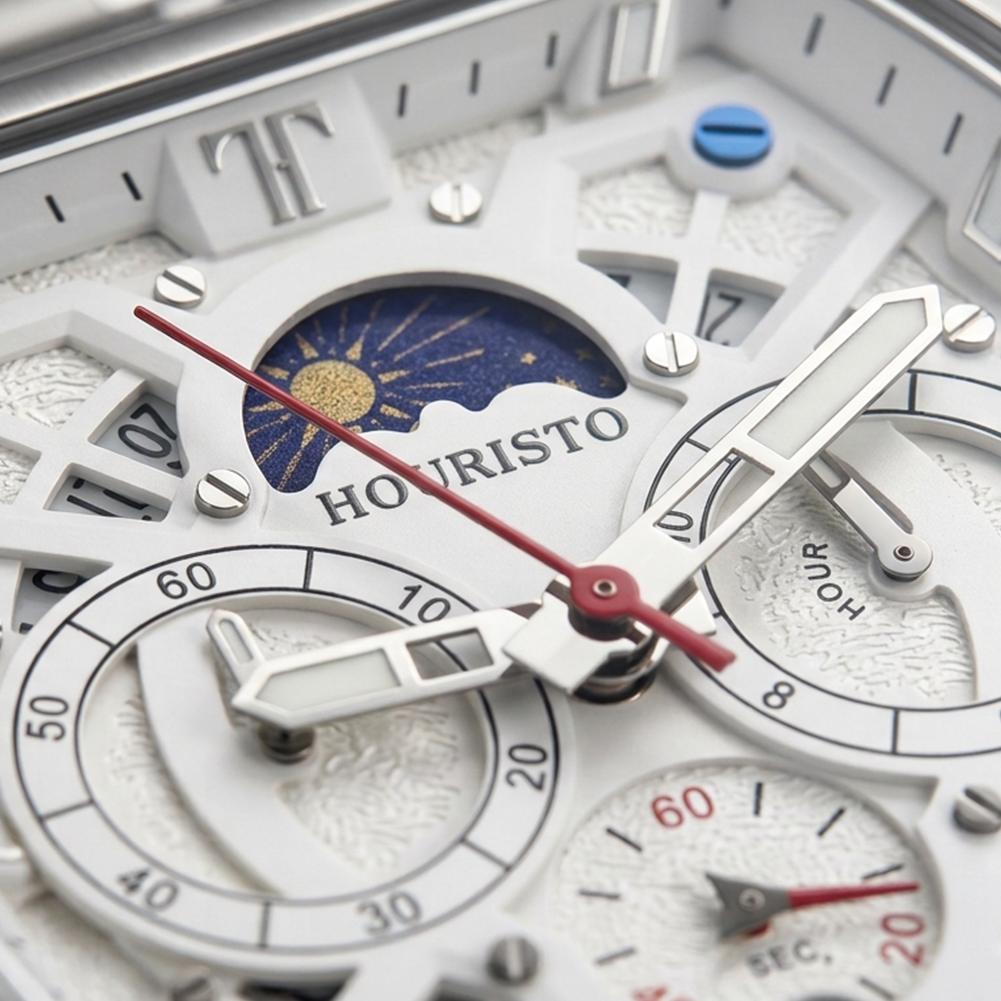 HOURISTO Men’s Tonneau Quartz Chronograph Watch – Luxury Hollow Skeleton Sun & Moon Phase Stainless Steel Watch (Silver White)