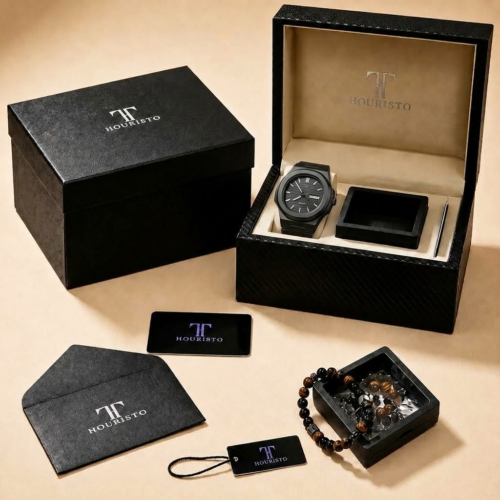 Touristo All-Black Integrated Bracelet Watch – Octagonal Case Quartz Watch with Day-Date Window
