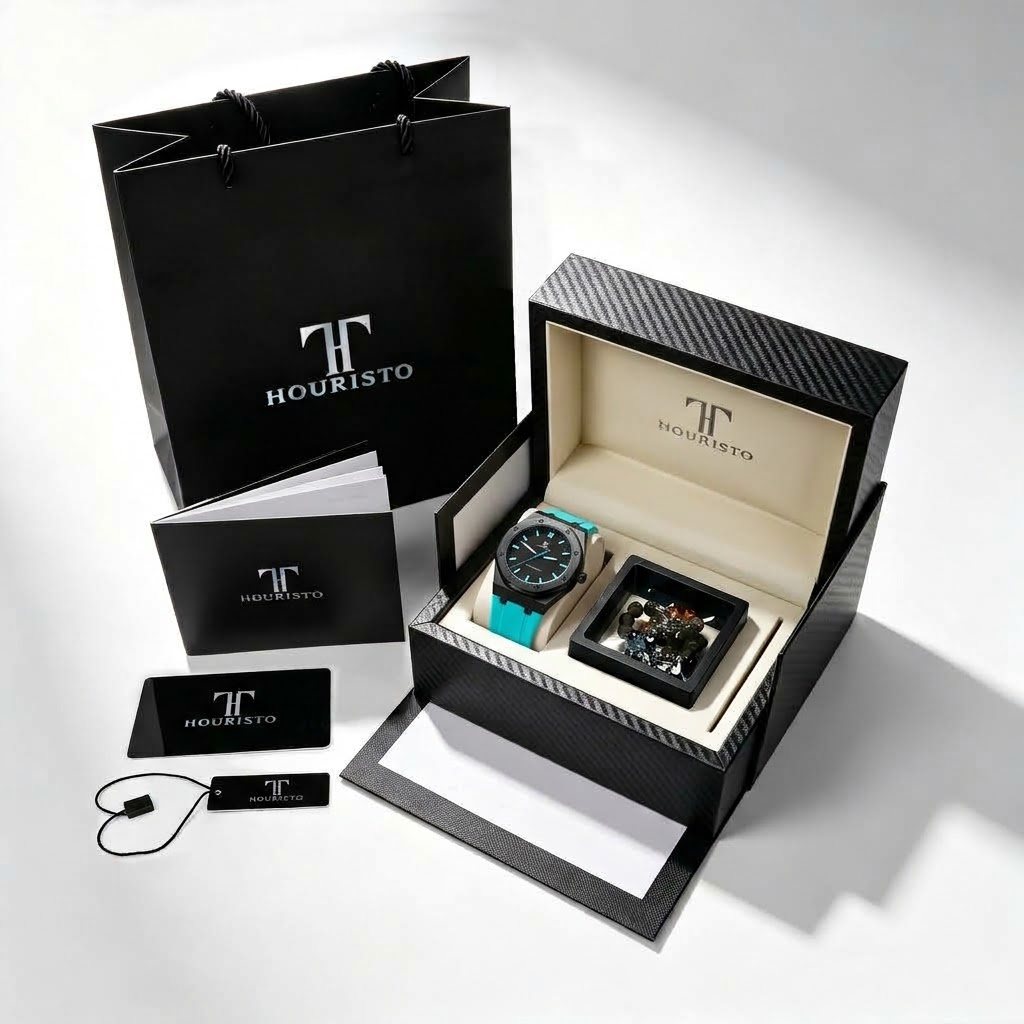 HOURISTO Eye-catching Quartz Watch - Black Octagonal Bezel Turquoise Strap Waterproof Daily