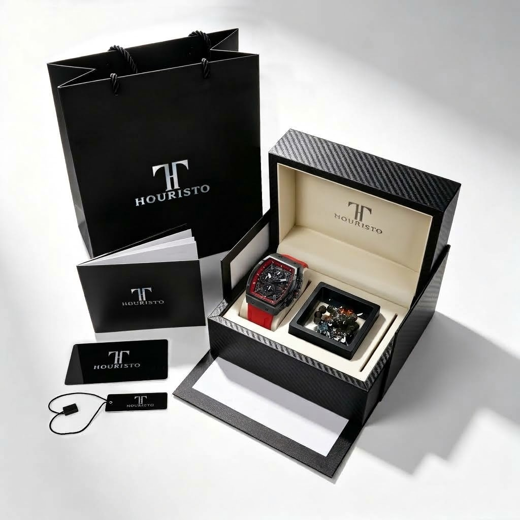 HOURISTO Automatic Skeleton Watch - Red Rubber Strap Chronograph Moon Phase Sport