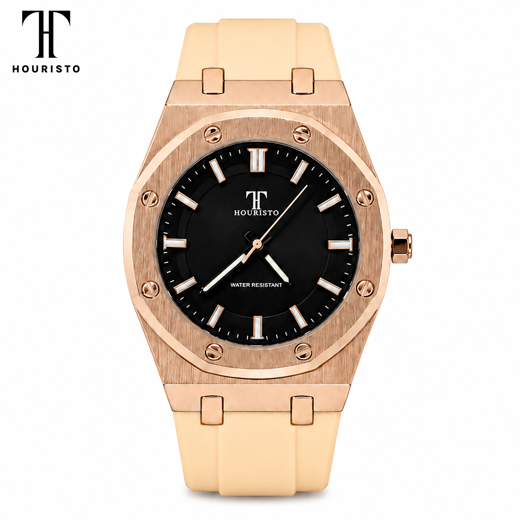 HOURISTO Quartz Watch - Rose Gold Case Black Dial Waterproof Sport Luxury Watch with Beige Strap