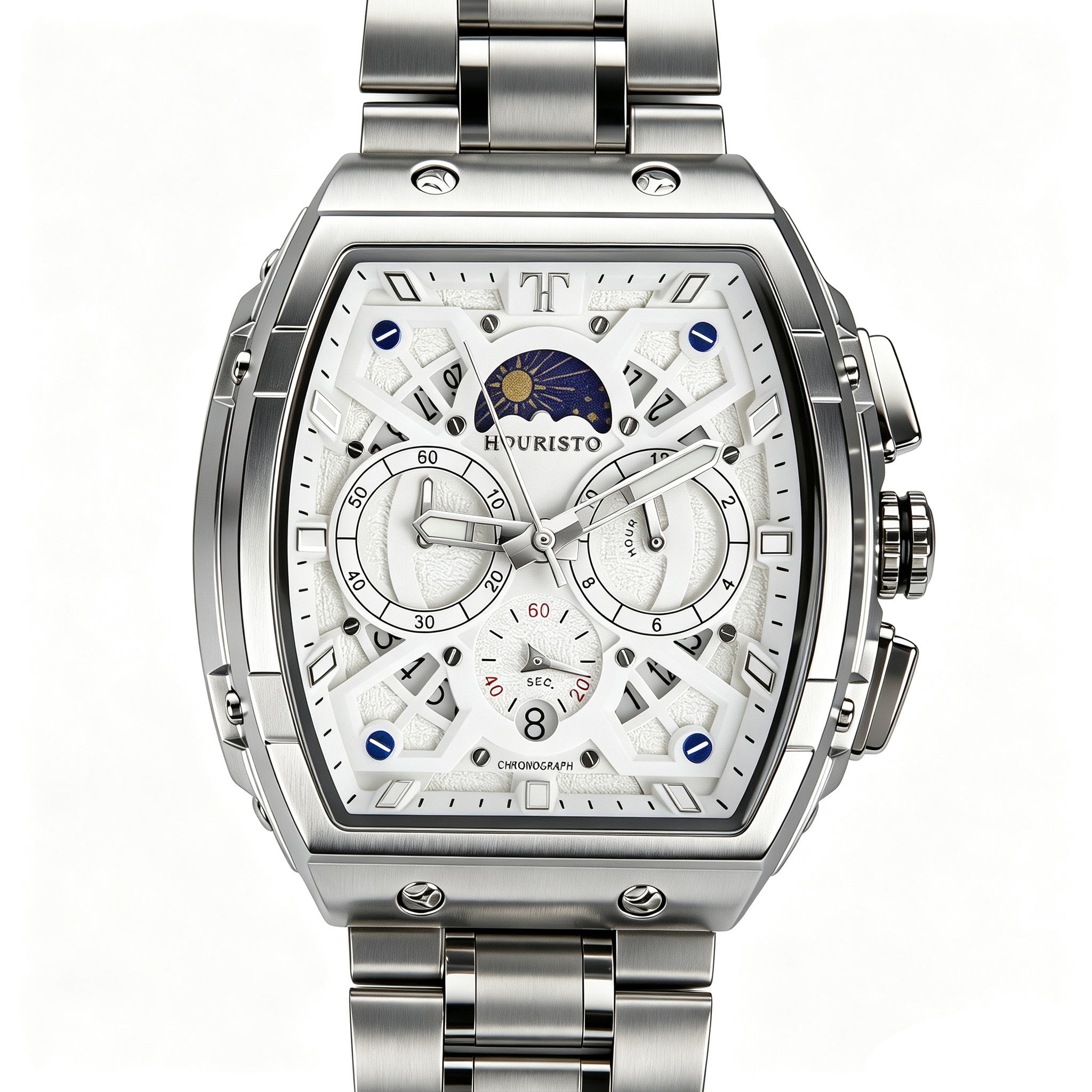 HOURISTO Men’s Tonneau Quartz Chronograph Watch – Luxury Hollow Skeleton Sun & Moon Phase Stainless Steel Watch (Silver White)