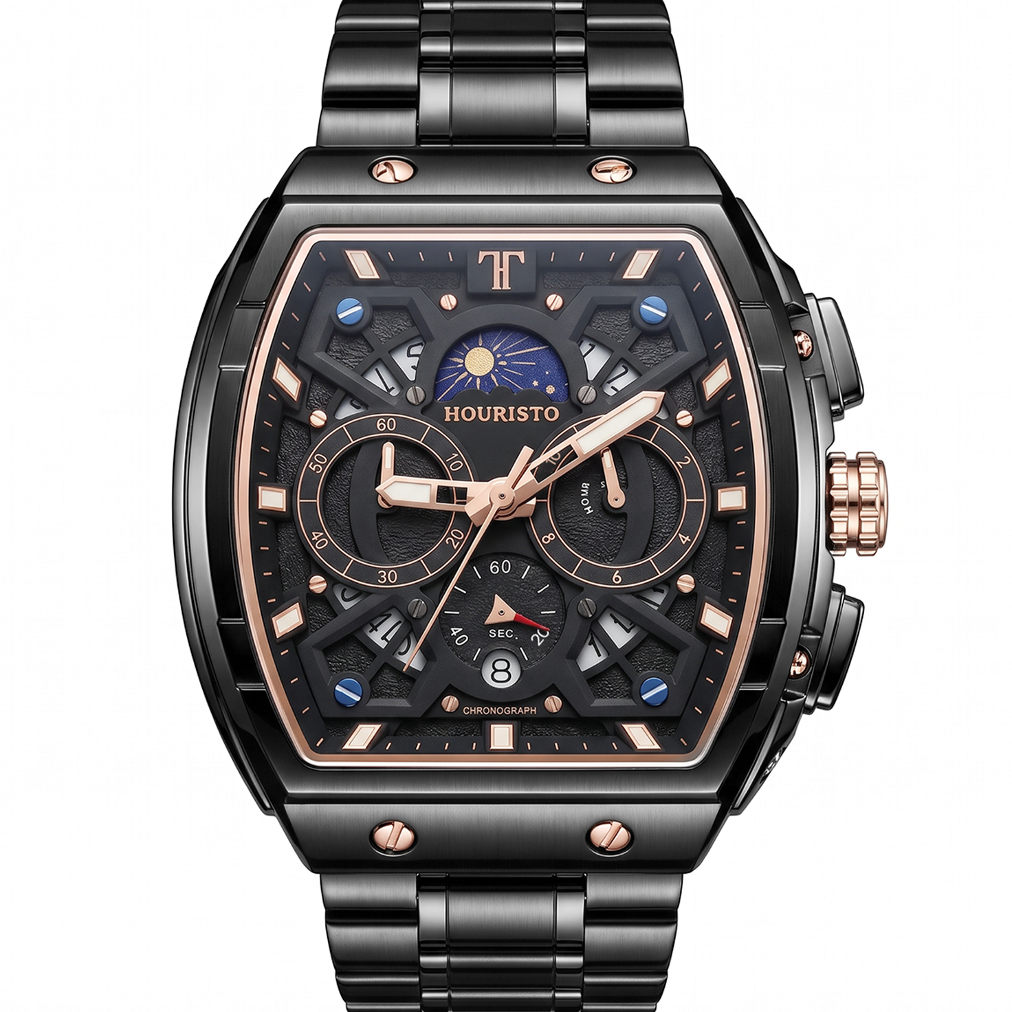 HOURISTO Men’s Luxury Tonneau Chronograph Watch – Skeleton Dial Sun & Moon Phase Quartz Wristwatch in Black Stainless Steel