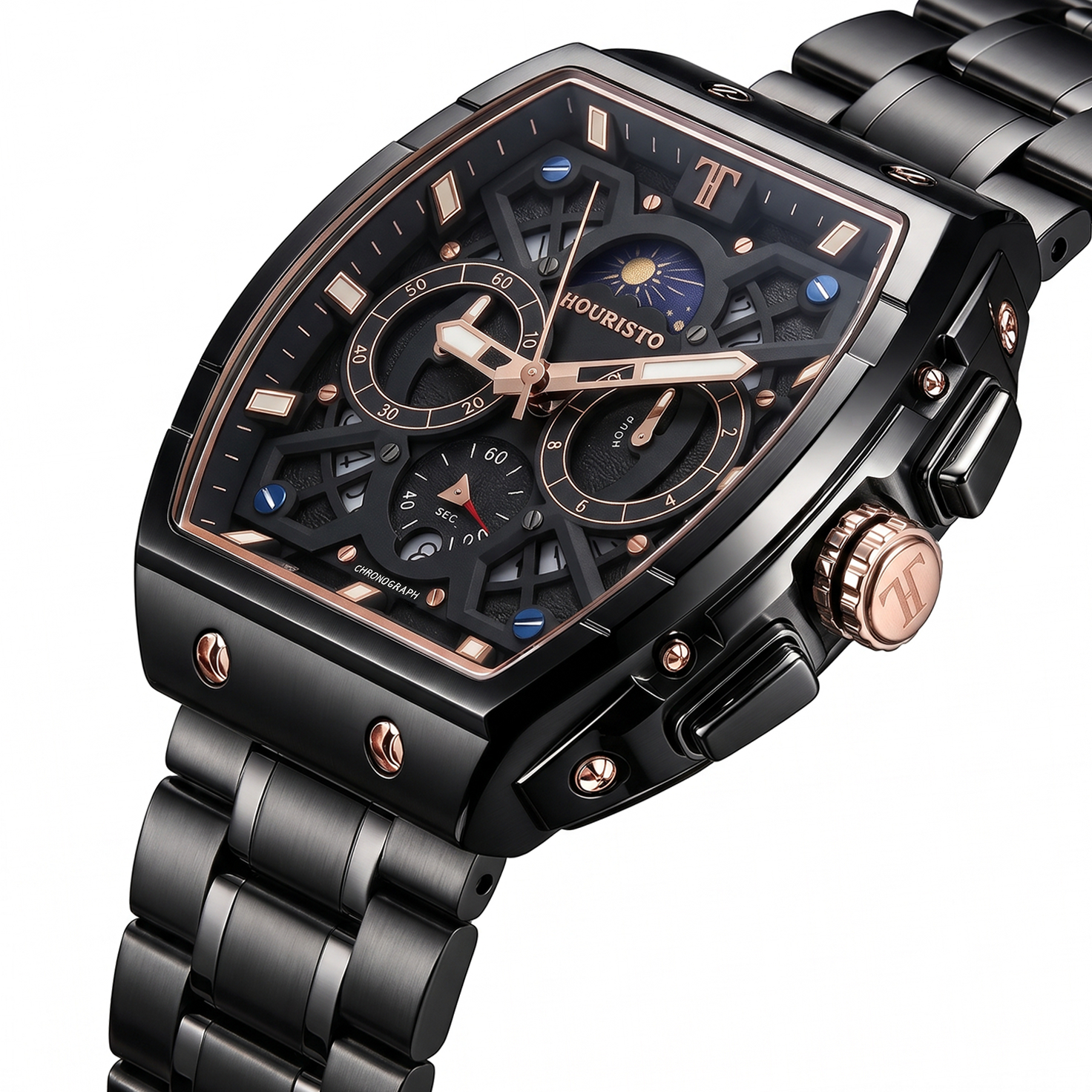 HOURISTO Men’s Luxury Tonneau Chronograph Watch – Skeleton Dial Sun & Moon Phase Quartz Wristwatch in Black Stainless Steel