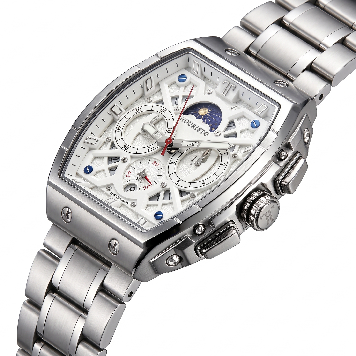 HOURISTO Men’s Tonneau Quartz Chronograph Watch – Luxury Hollow Skeleton Sun & Moon Phase Stainless Steel Watch (Silver White)