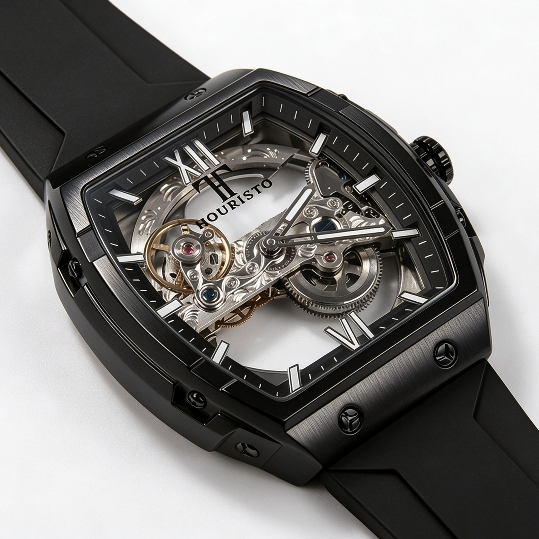 Skeleton Automatic Mechanical Watch – Black Tonneau Case with Exposed Movement