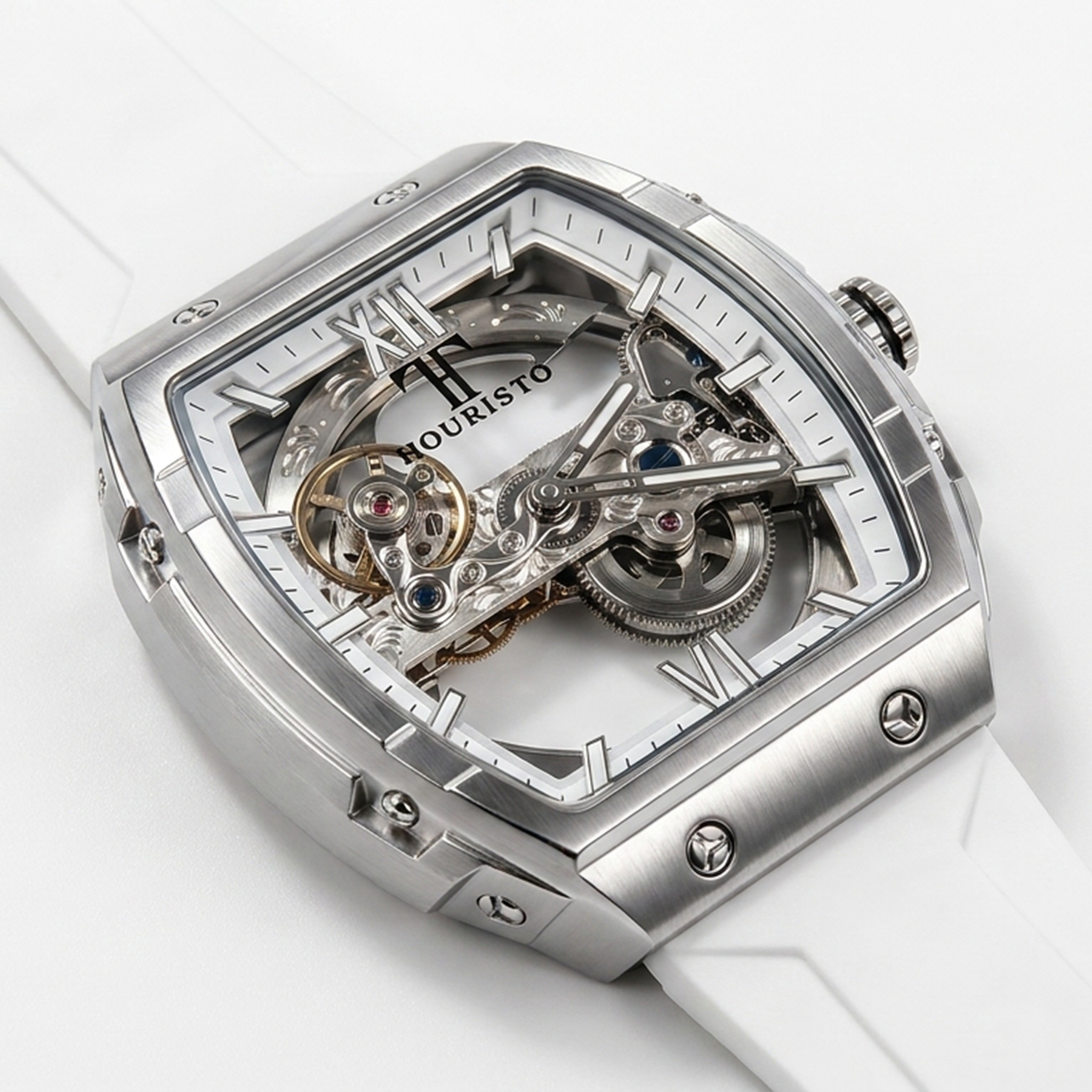 Skeleton Automatic Mechanical Watch – White Tonneau Case with Exposed Movement