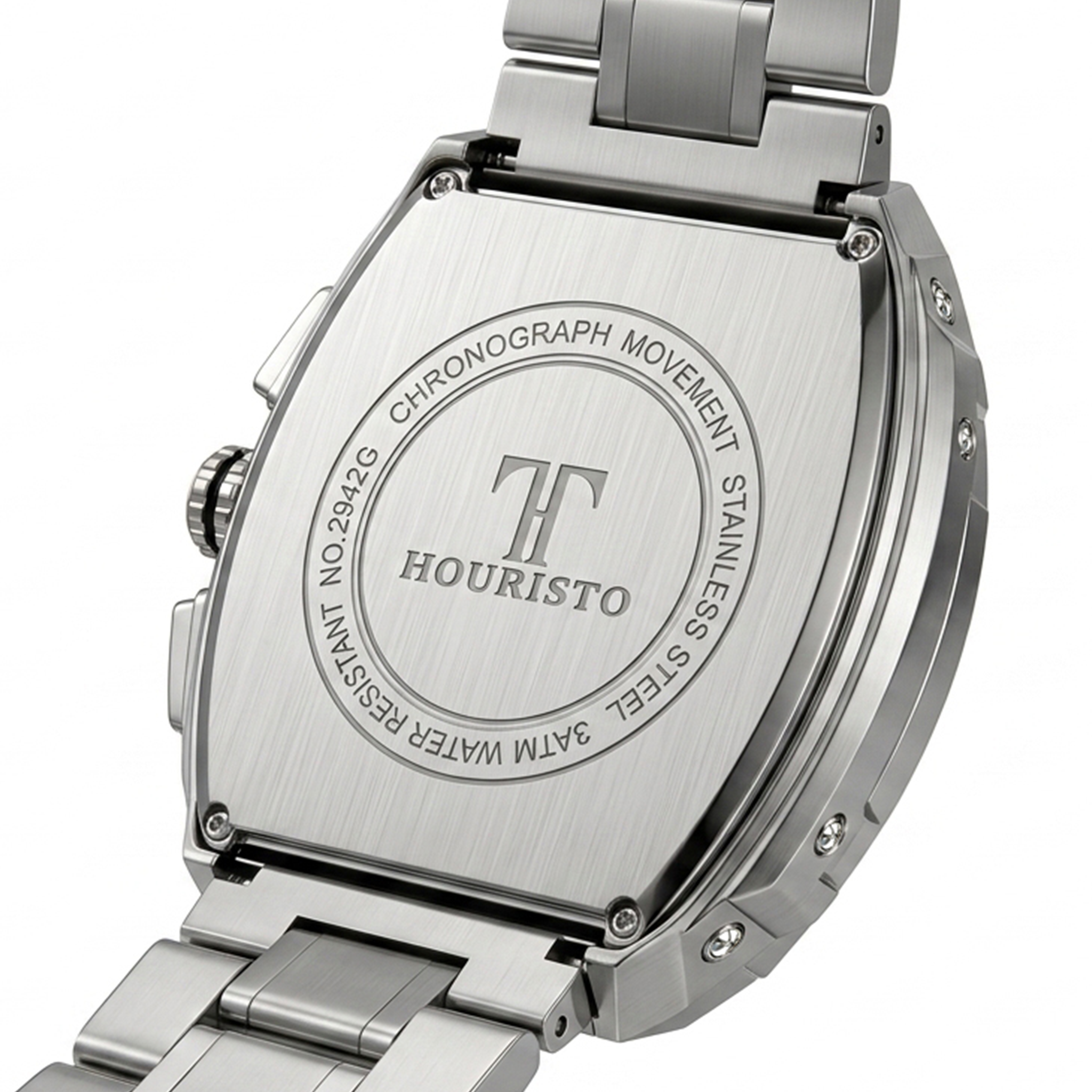 HOURISTO Men’s Tonneau Quartz Chronograph Watch – Luxury Hollow Skeleton Sun & Moon Phase Stainless Steel Watch (Silver White)