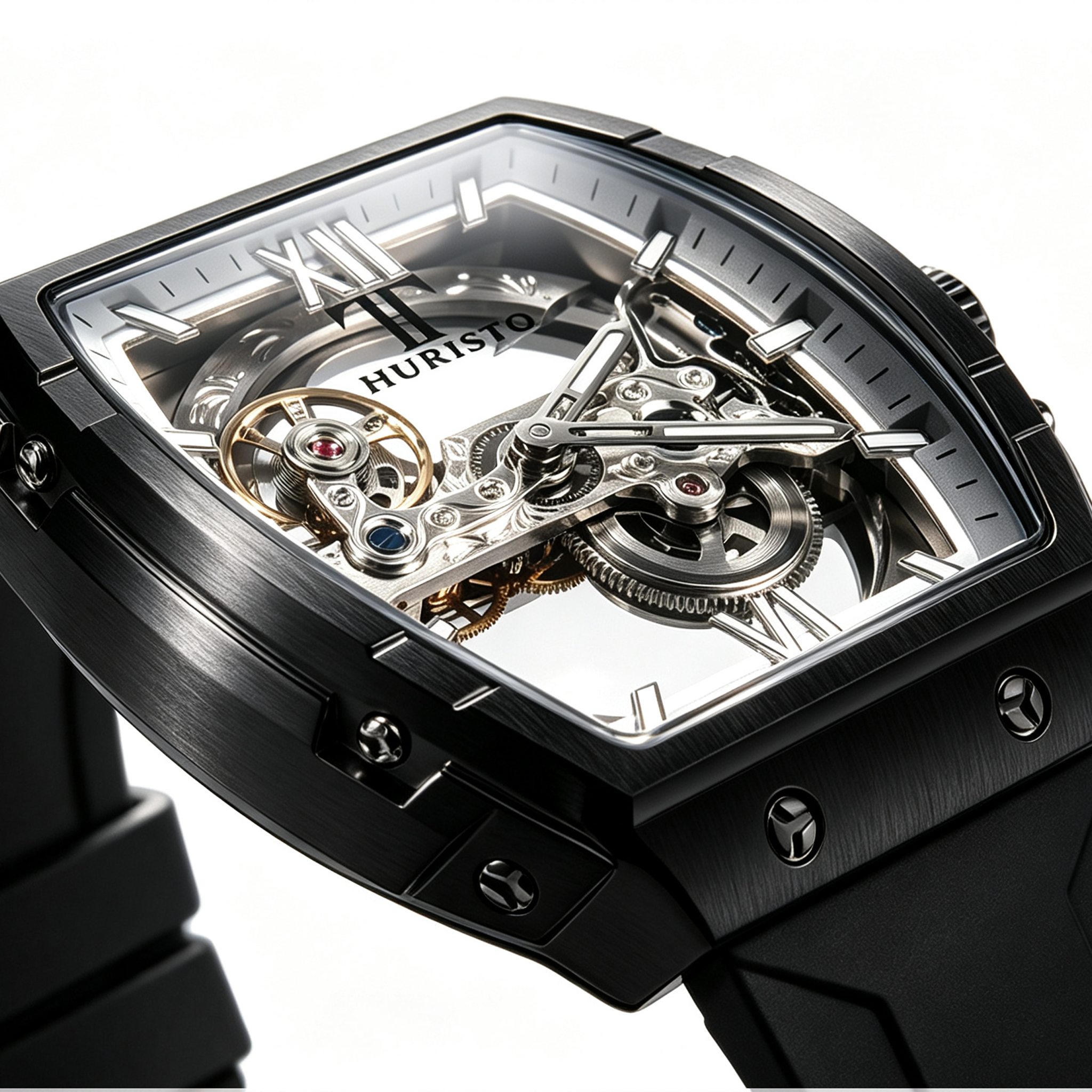 Skeleton Automatic Mechanical Watch – Black Tonneau Case with Exposed Movement