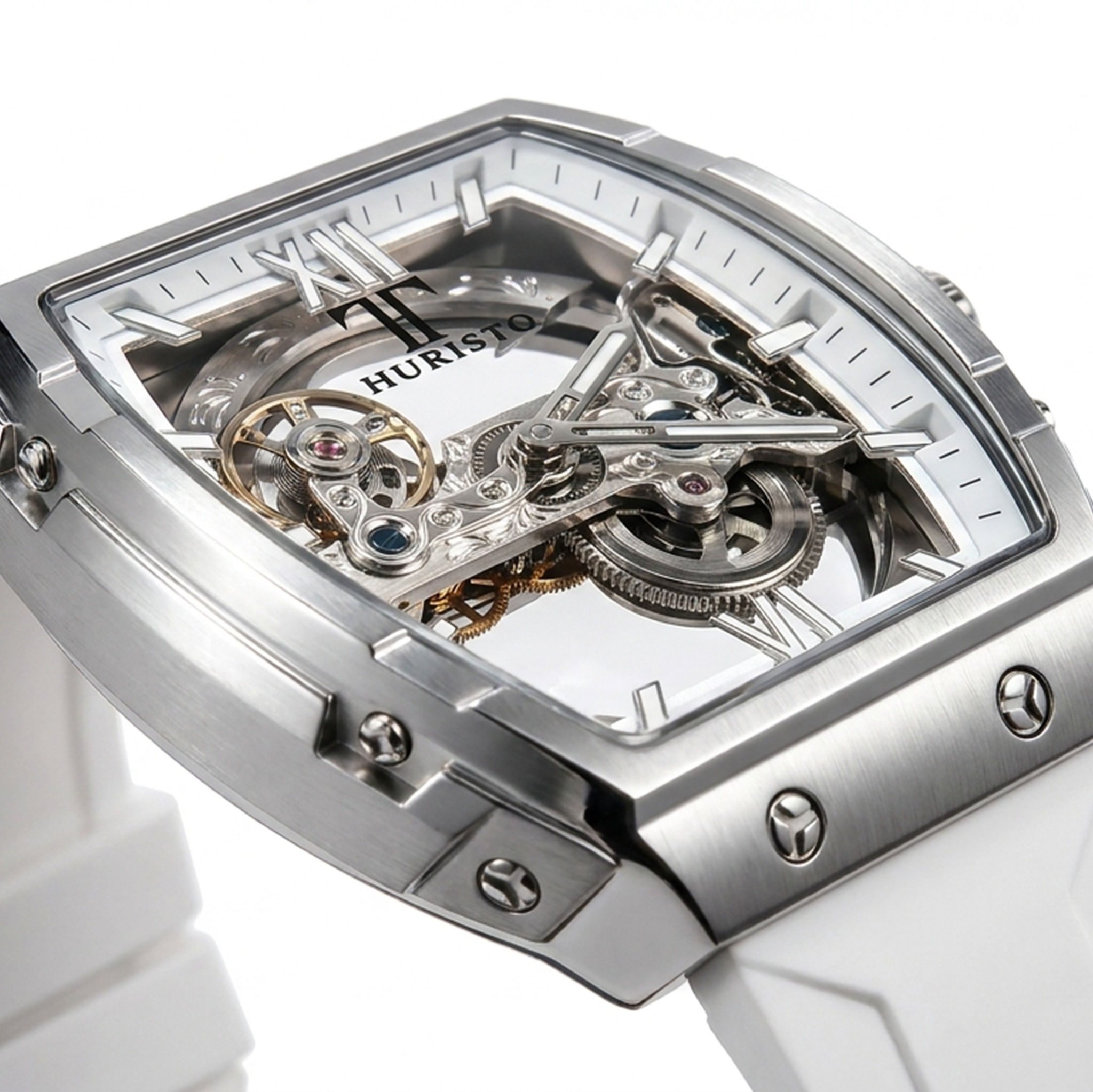 Skeleton Automatic Mechanical Watch – White Tonneau Case with Exposed Movement