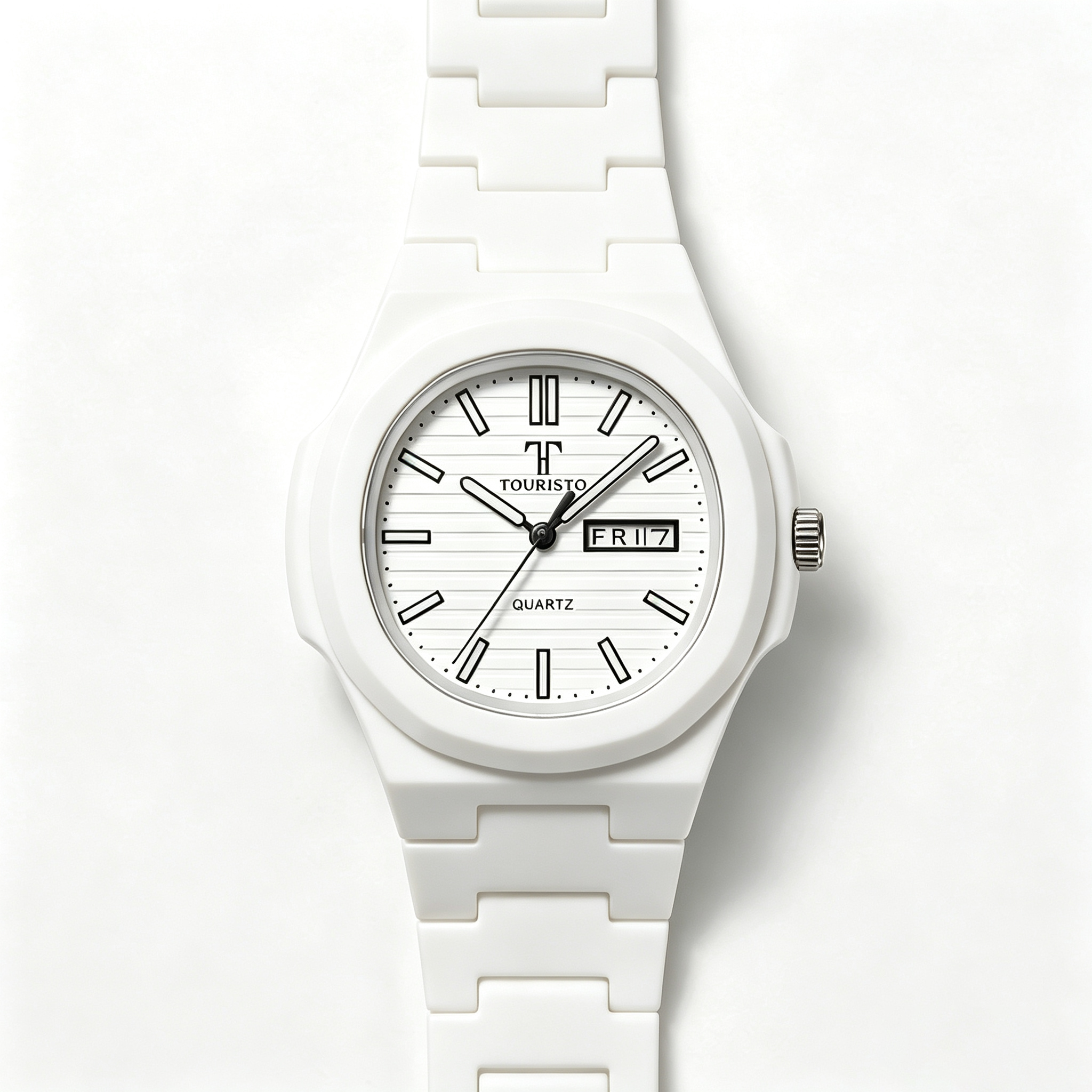 Touristo All-White Integrated Bracelet Watch – Octagonal Case Quartz Watch with Day-Date Window
