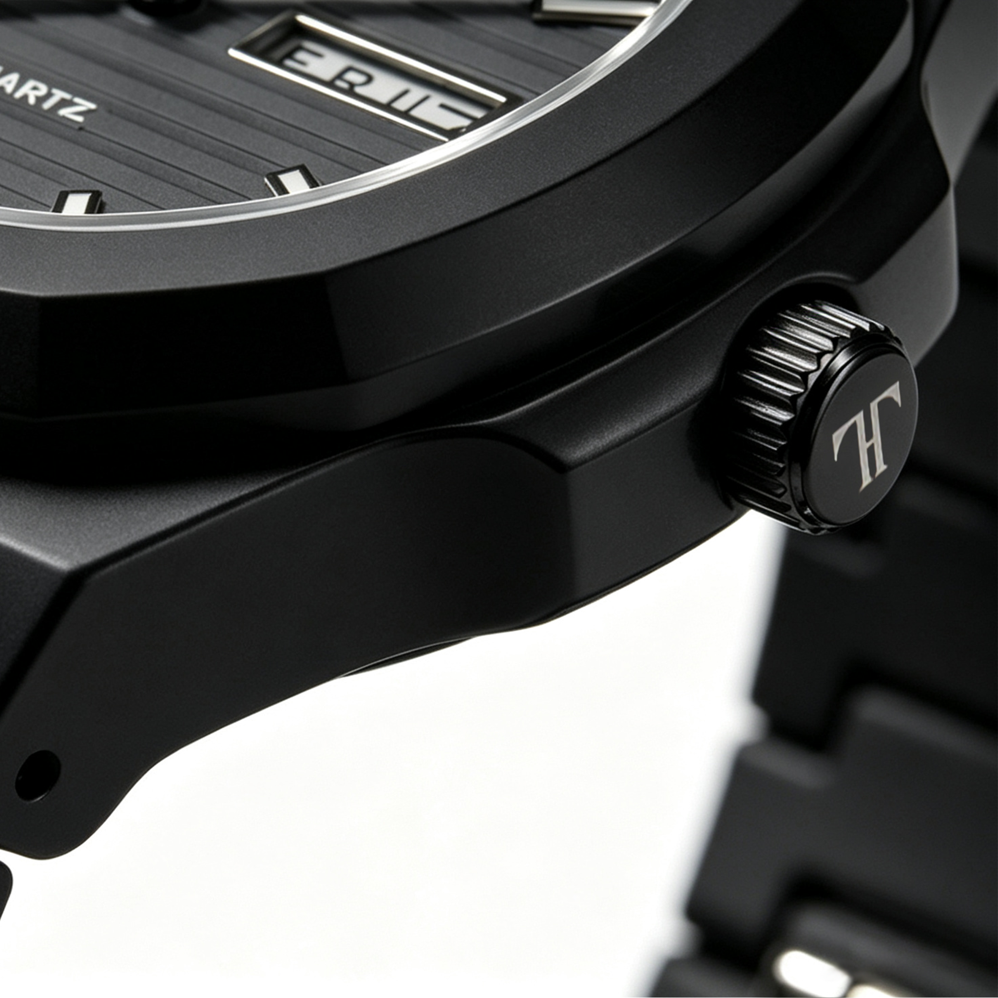 Touristo All-Black Integrated Bracelet Watch – Octagonal Case Quartz Watch with Day-Date Window