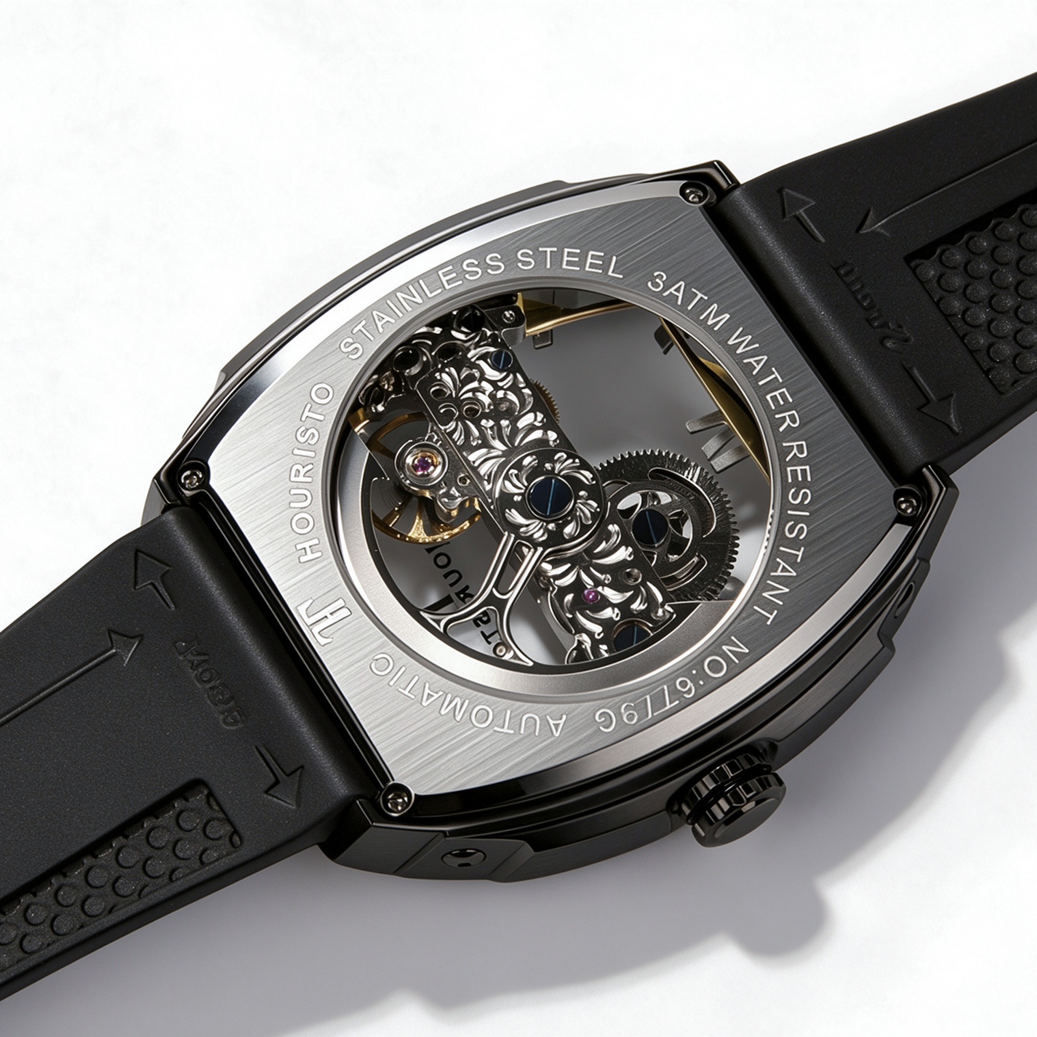 Skeleton Automatic Mechanical Watch – Black Tonneau Case with Exposed Movement