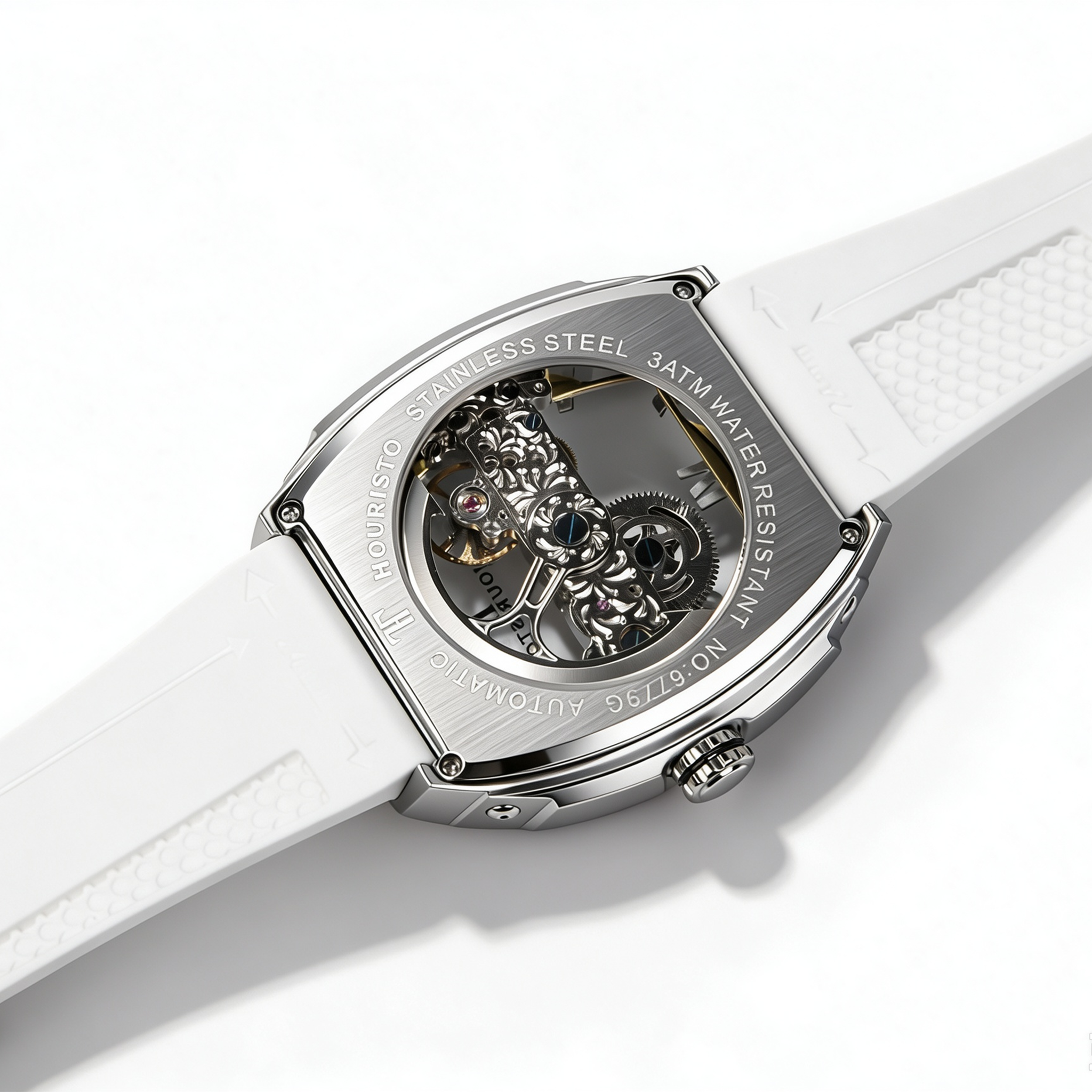Skeleton Automatic Mechanical Watch – White Tonneau Case with Exposed Movement