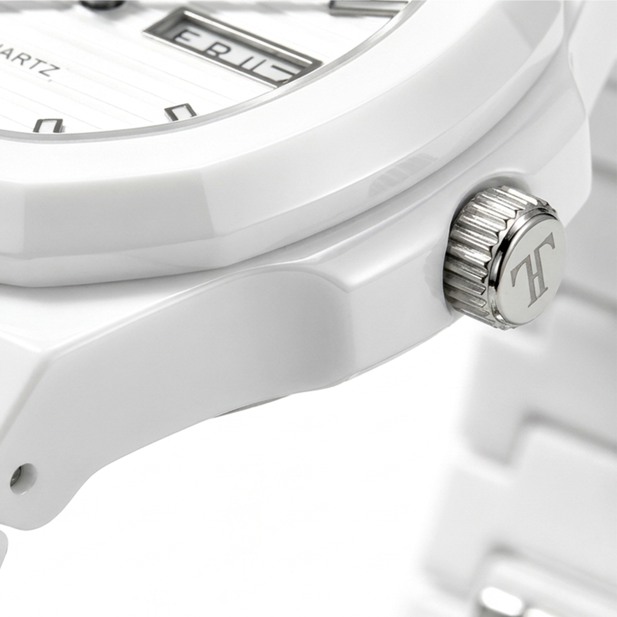 Touristo All-White Integrated Bracelet Watch – Octagonal Case Quartz Watch with Day-Date Window