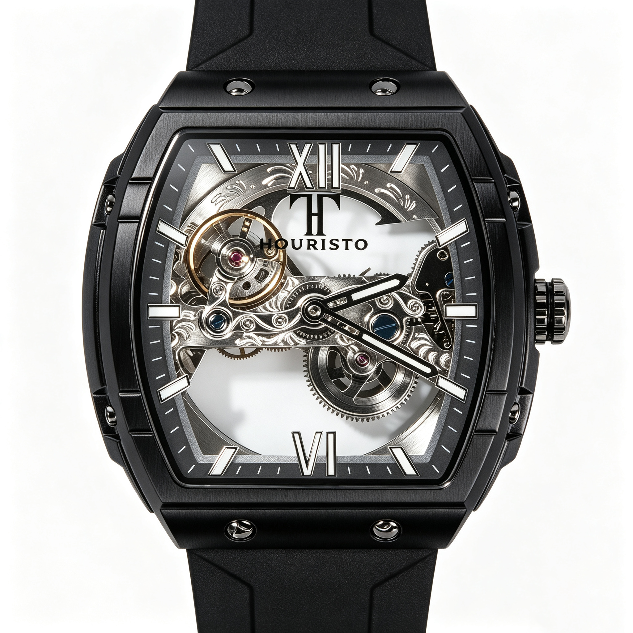 Skeleton Automatic Mechanical Watch – Black Tonneau Case with Exposed Movement