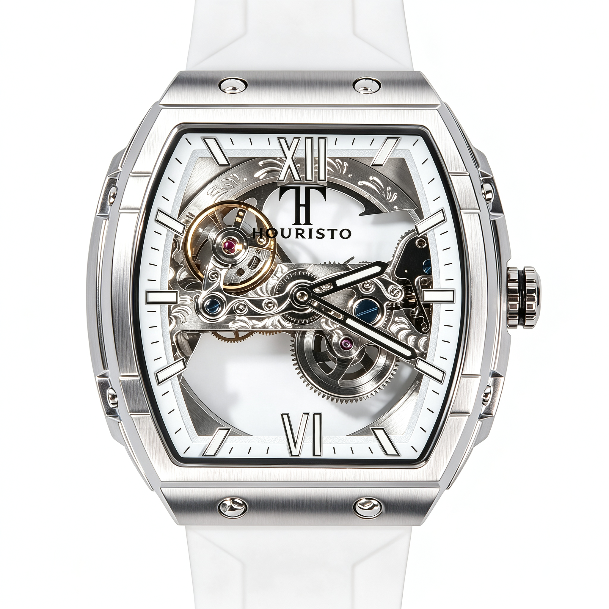 Skeleton Automatic Mechanical Watch – White Tonneau Case with Exposed Movement