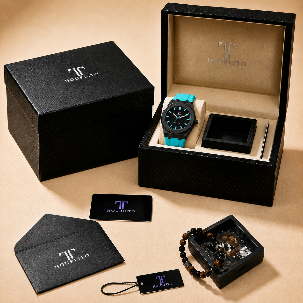 HOURISTO Eye-catching Quartz Watch - Black Octagonal Bezel Turquoise Strap Waterproof Daily