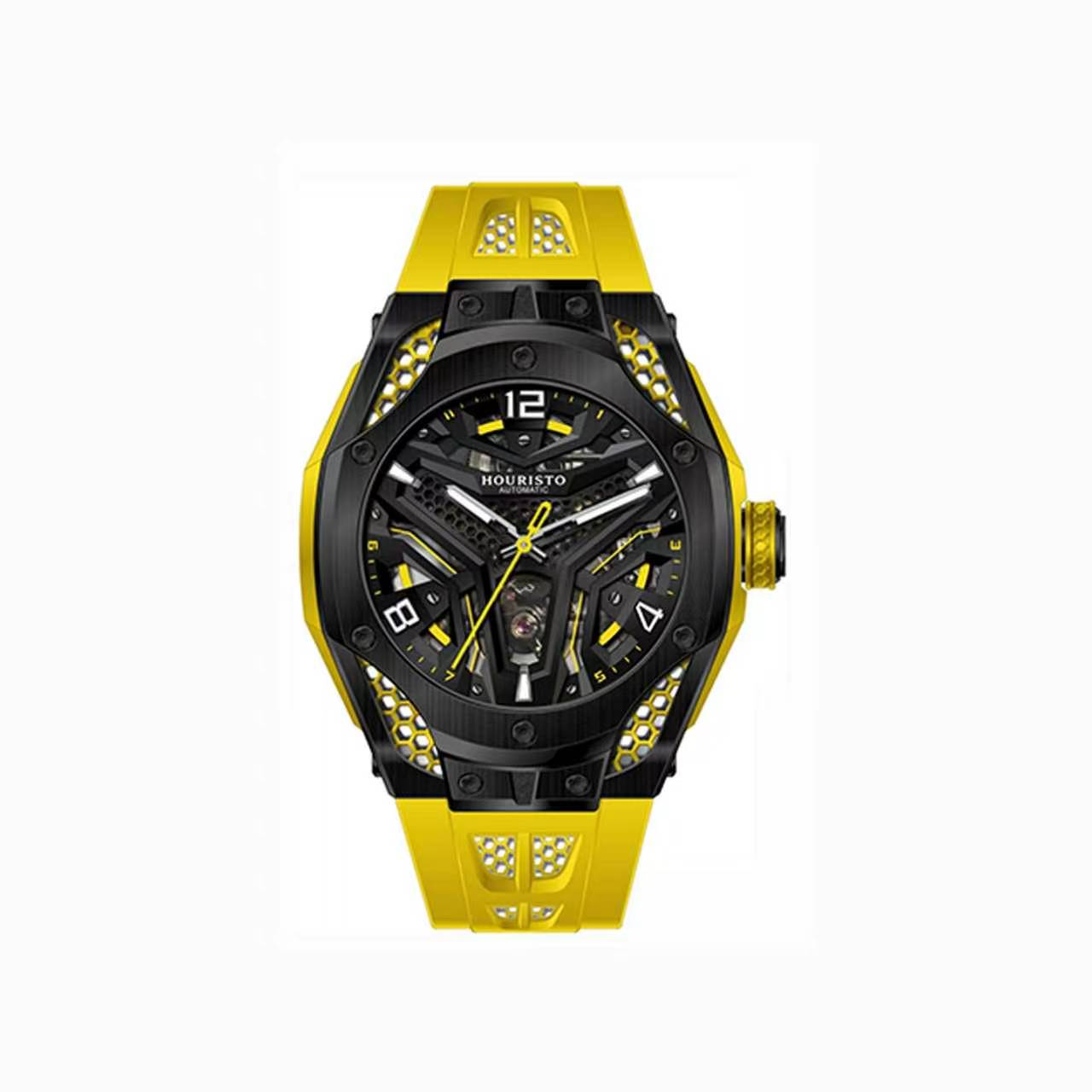 GELATU 6007 Men's Automatic Skeleton Mechanical Watch - Trendy Waterproof Sports Wristwatch with Silicone Strap