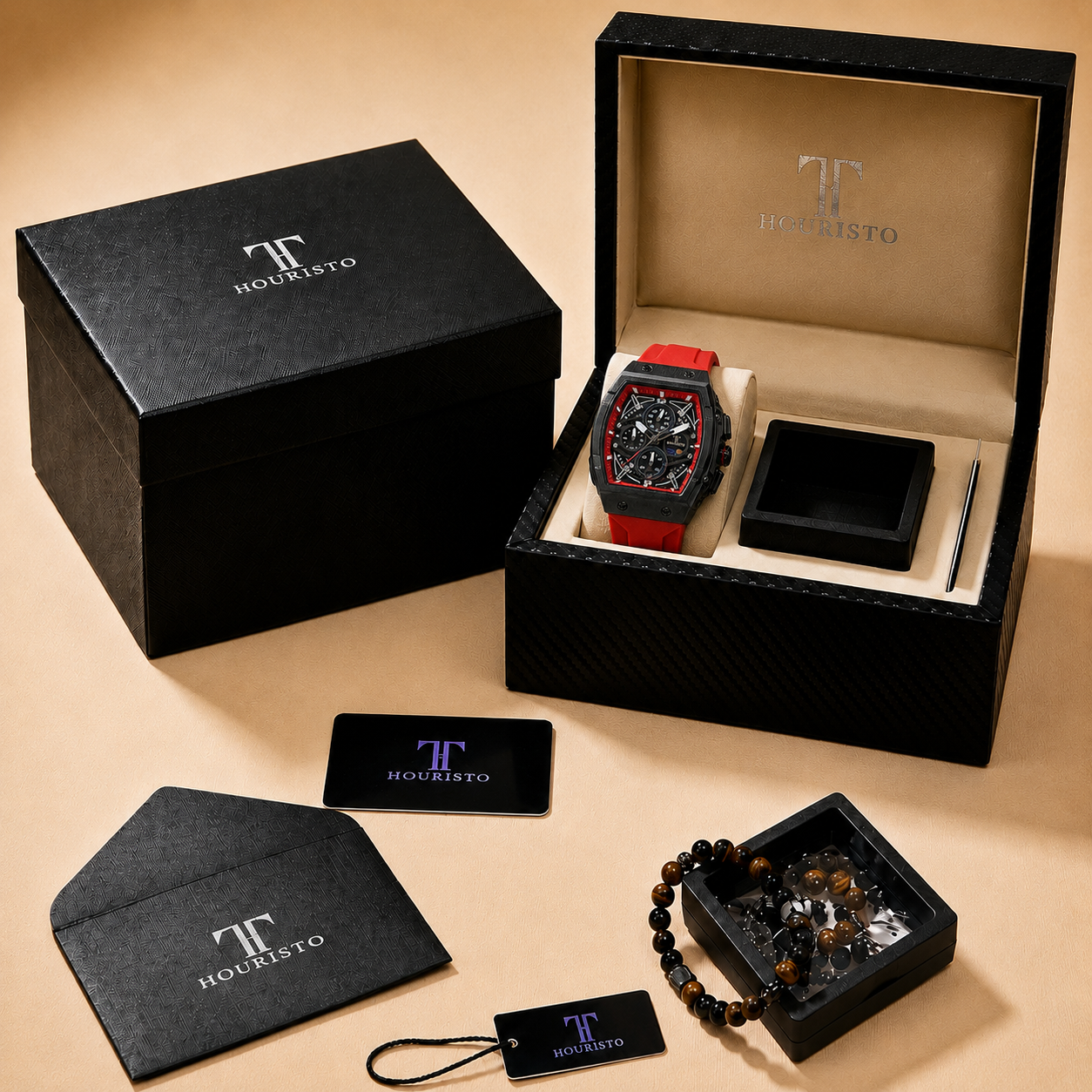 HOURISTO Automatic Skeleton Watch - Red Rubber Strap Chronograph Moon Phase Sport