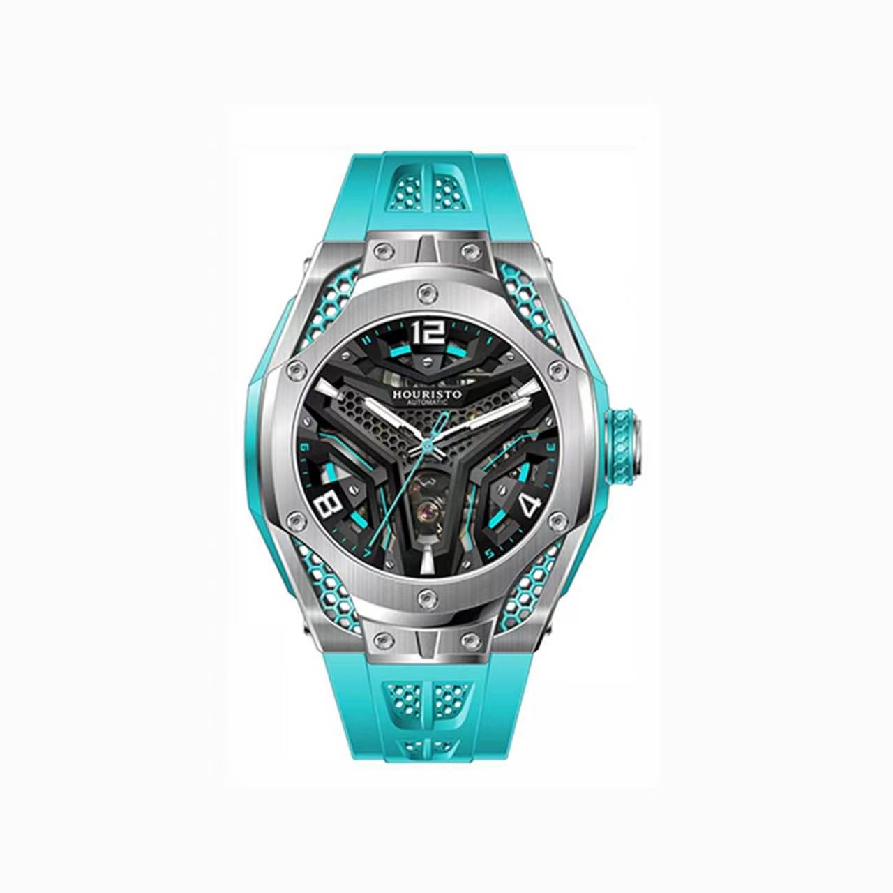 GELATU 6007 Men's Automatic Skeleton Mechanical Watch - Trendy Waterproof Sports Wristwatch with Silicone Strap