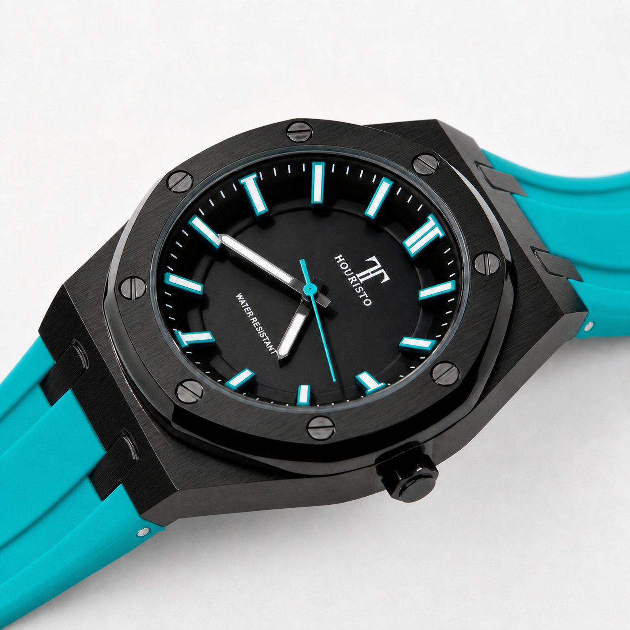 HOURISTO Eye-catching Quartz Watch - Black Octagonal Bezel Turquoise Strap Waterproof Daily