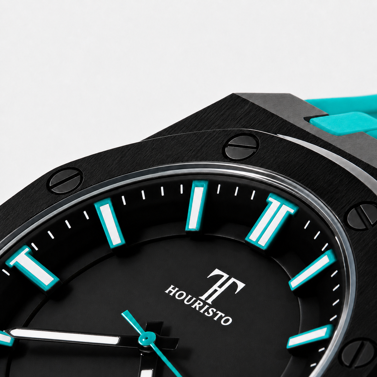 HOURISTO Eye-catching Quartz Watch - Black Octagonal Bezel Turquoise Strap Waterproof Daily