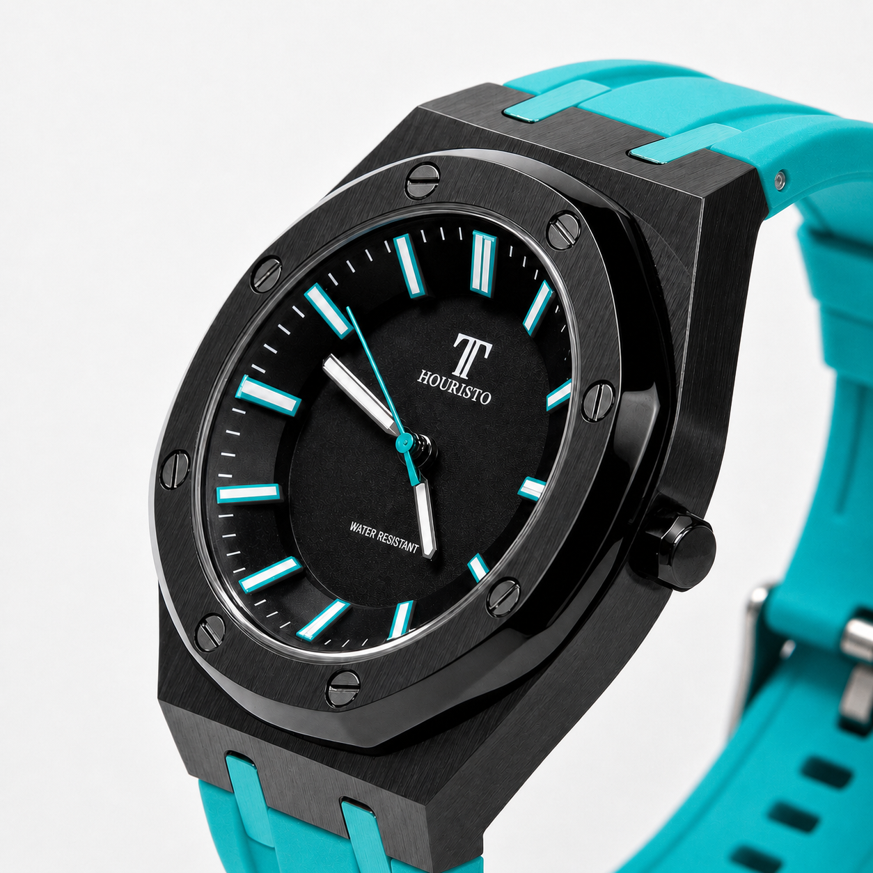 HOURISTO Eye-catching Quartz Watch - Black Octagonal Bezel Turquoise Strap Waterproof Daily