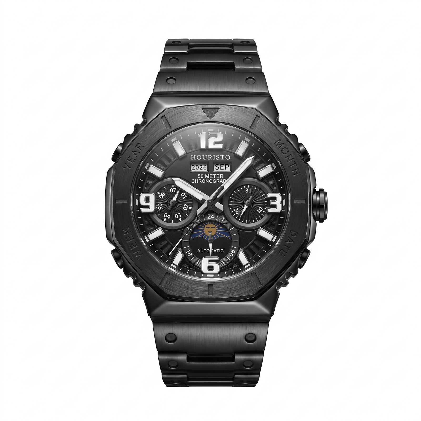 Houristo Men's Black Automatic Chronograph Watch – Stainless Steel Multifunction Day-Date 50M Water Resistant Wristwatch