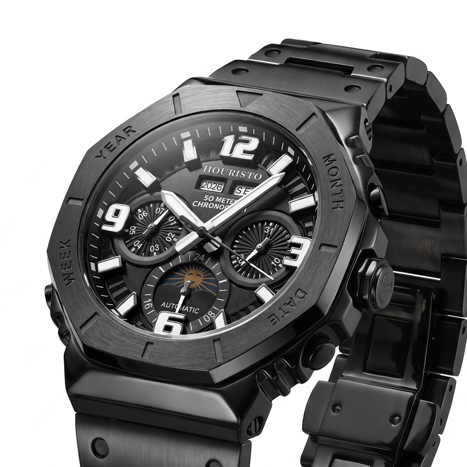 Houristo Men's Black Automatic Chronograph Watch – Stainless Steel Multifunction Day-Date 50M Water Resistant Wristwatch
