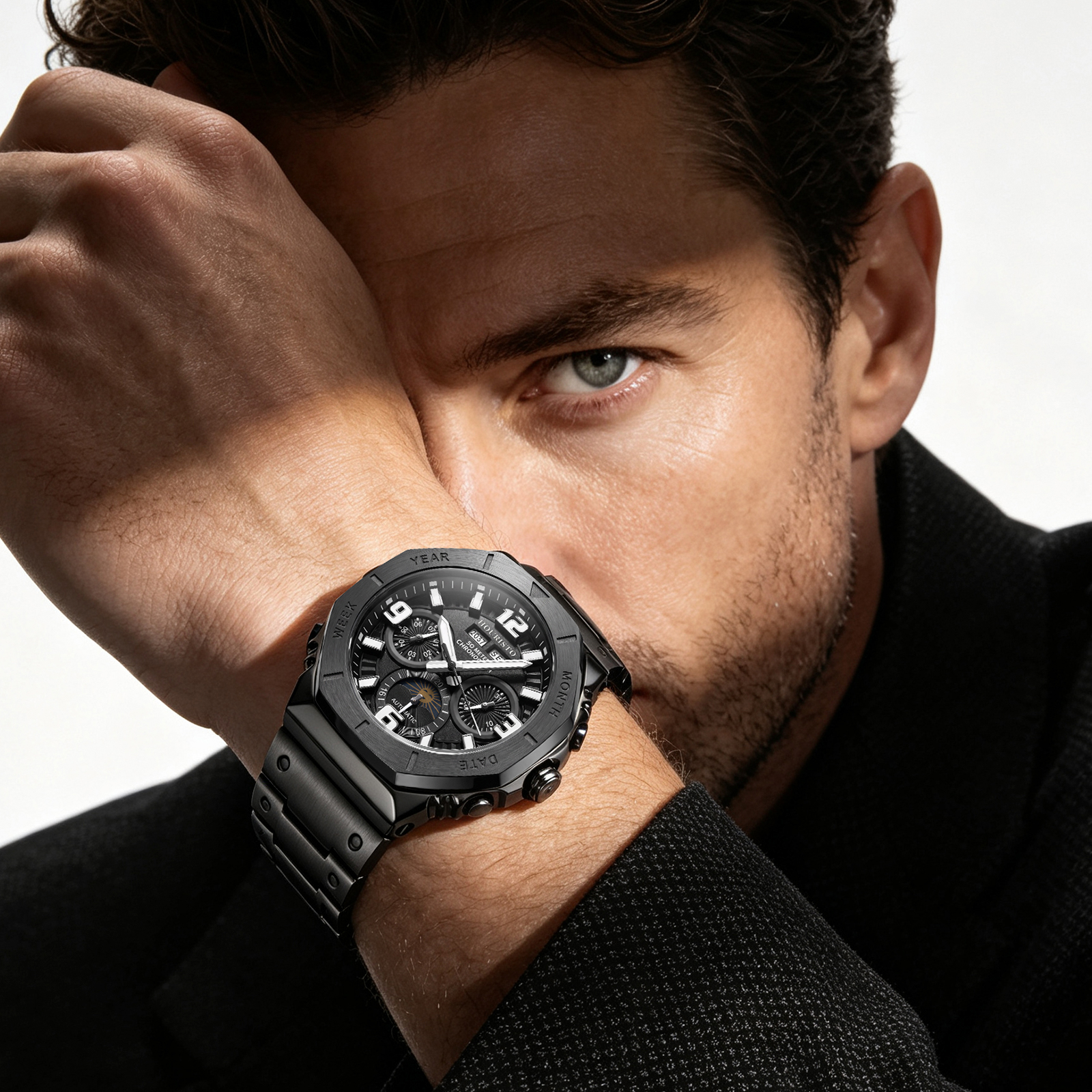 Houristo Men's Black Automatic Chronograph Watch – Stainless Steel Multifunction Day-Date 50M Water Resistant Wristwatch