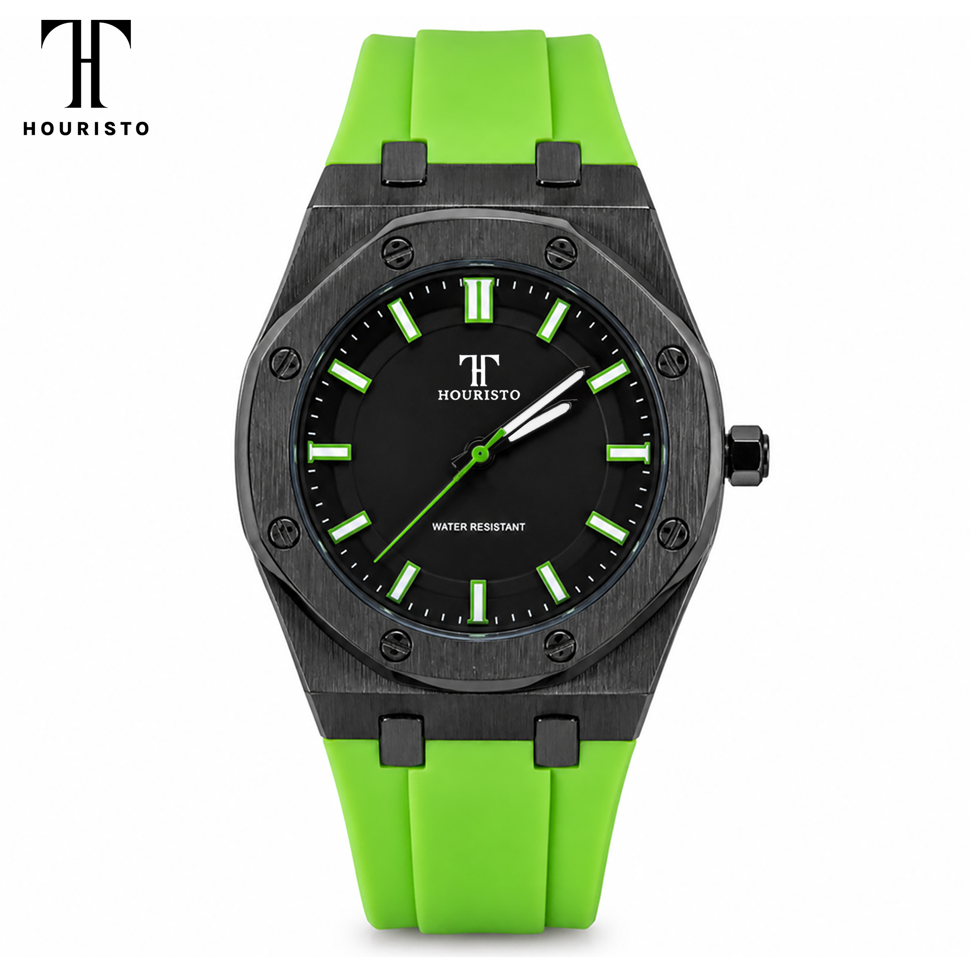 HOURISTO Fashion Watch - Black Octagonal Design Green Accent Water Resistant Sport Casual Watch
