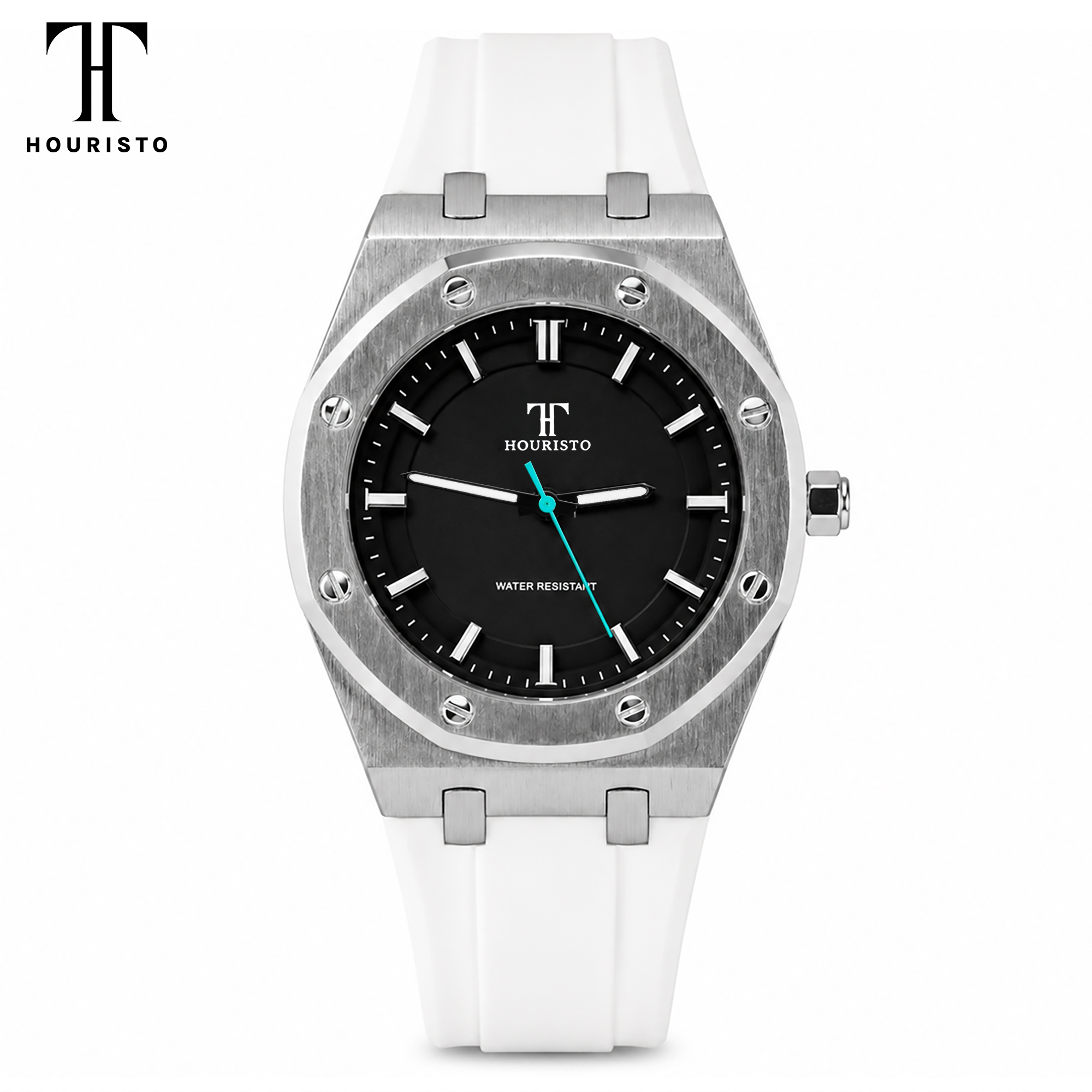 HOURISTO Premium Quartz Watch - Silver Octagonal Case Black Dial White Rubber Strap Waterproof